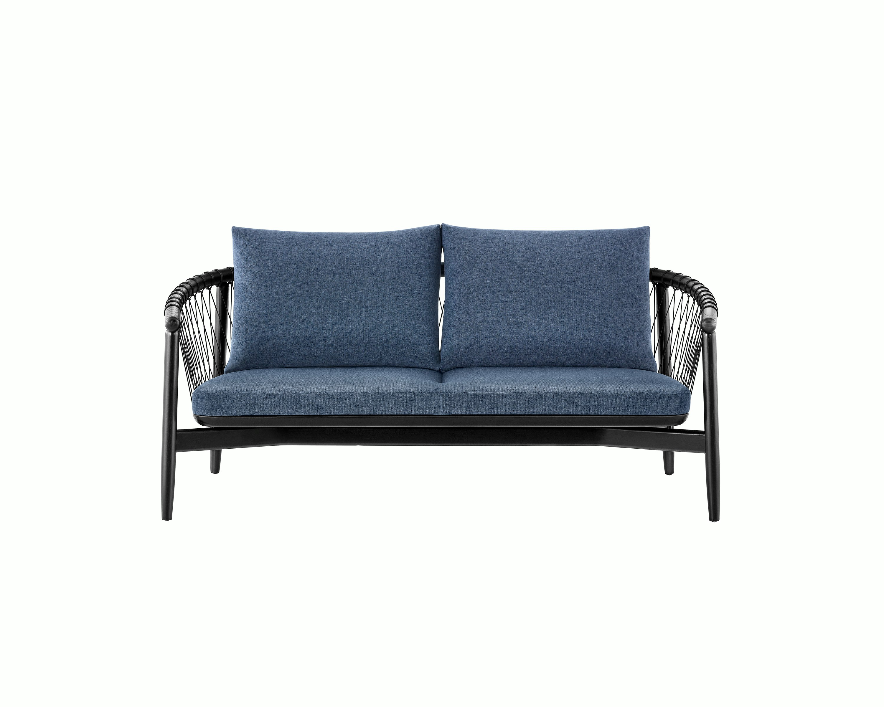 A dark colored Crosshatch Settee featuring navy upholstery and an ebony on ash frame. Viewed from the front.