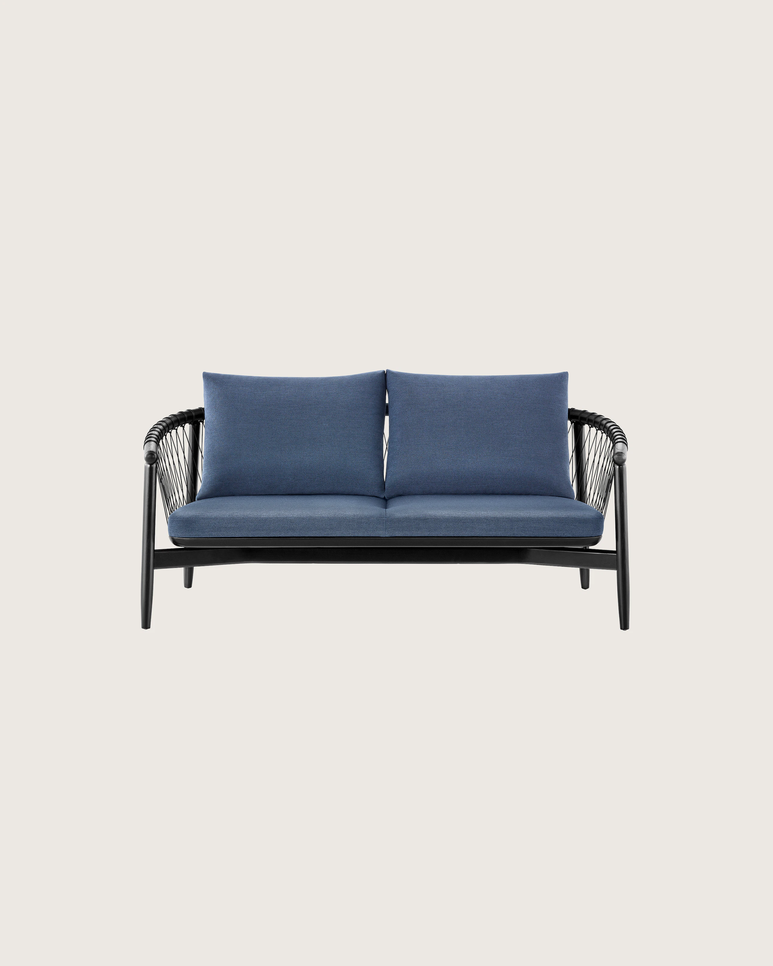 A dark colored Crosshatch Settee featuring navy upholstery and an ebony on ash frame. Viewed from the front.