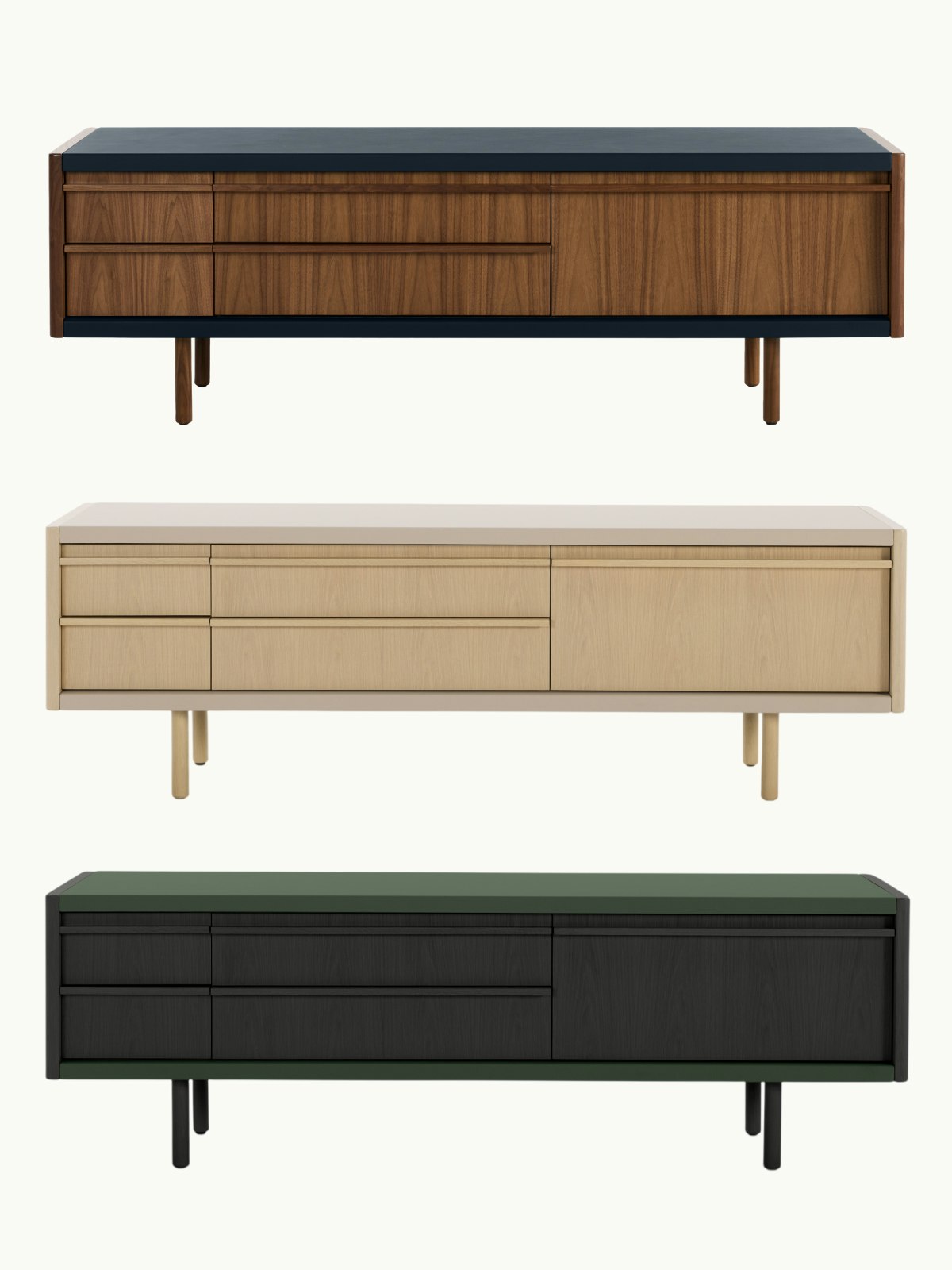 Three front-facing New Canaan Media Units designed by Bassam Fellows shown one above the other, in medium, light, and dark finishes from top to bottom, on a white sweep.