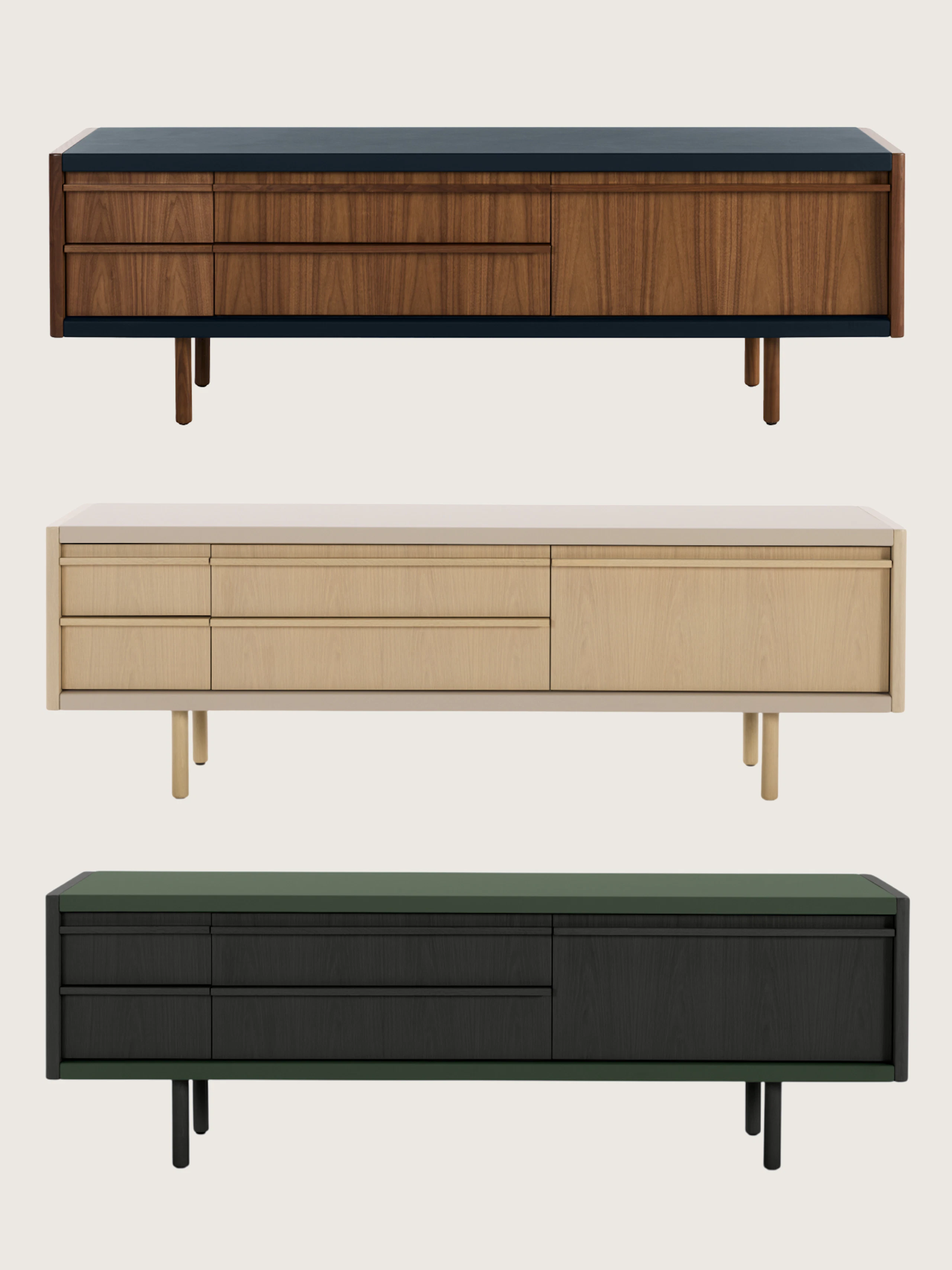 Three front-facing New Canaan Media Units designed by Bassam Fellows shown one above the other, in medium, light, and dark finishes from top to bottom, on a white sweep.