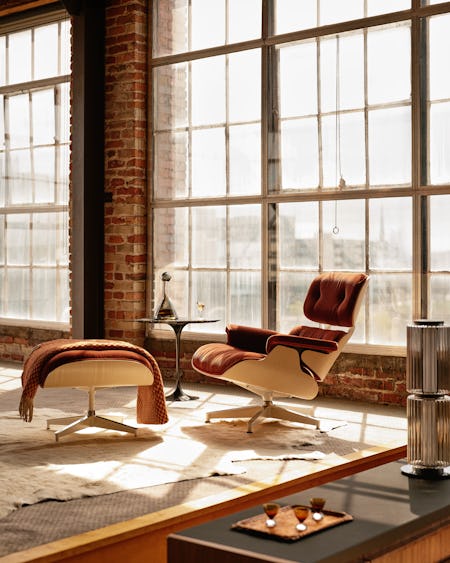 Eames Lounge Chair and Ottoman in White Ash and Mohair Brandy