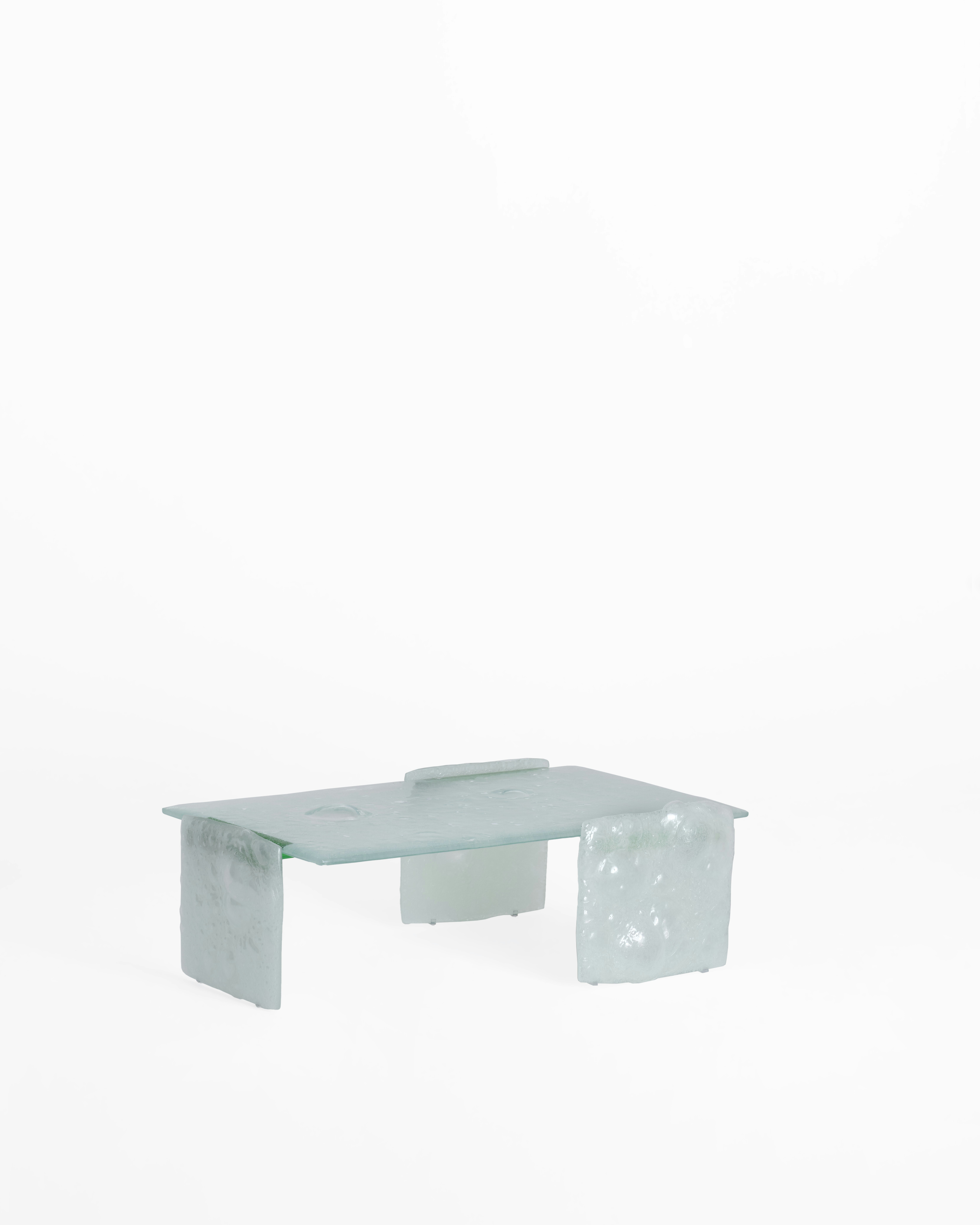 Opalia Low Table in Extralight Glass and Green viewed at an angle