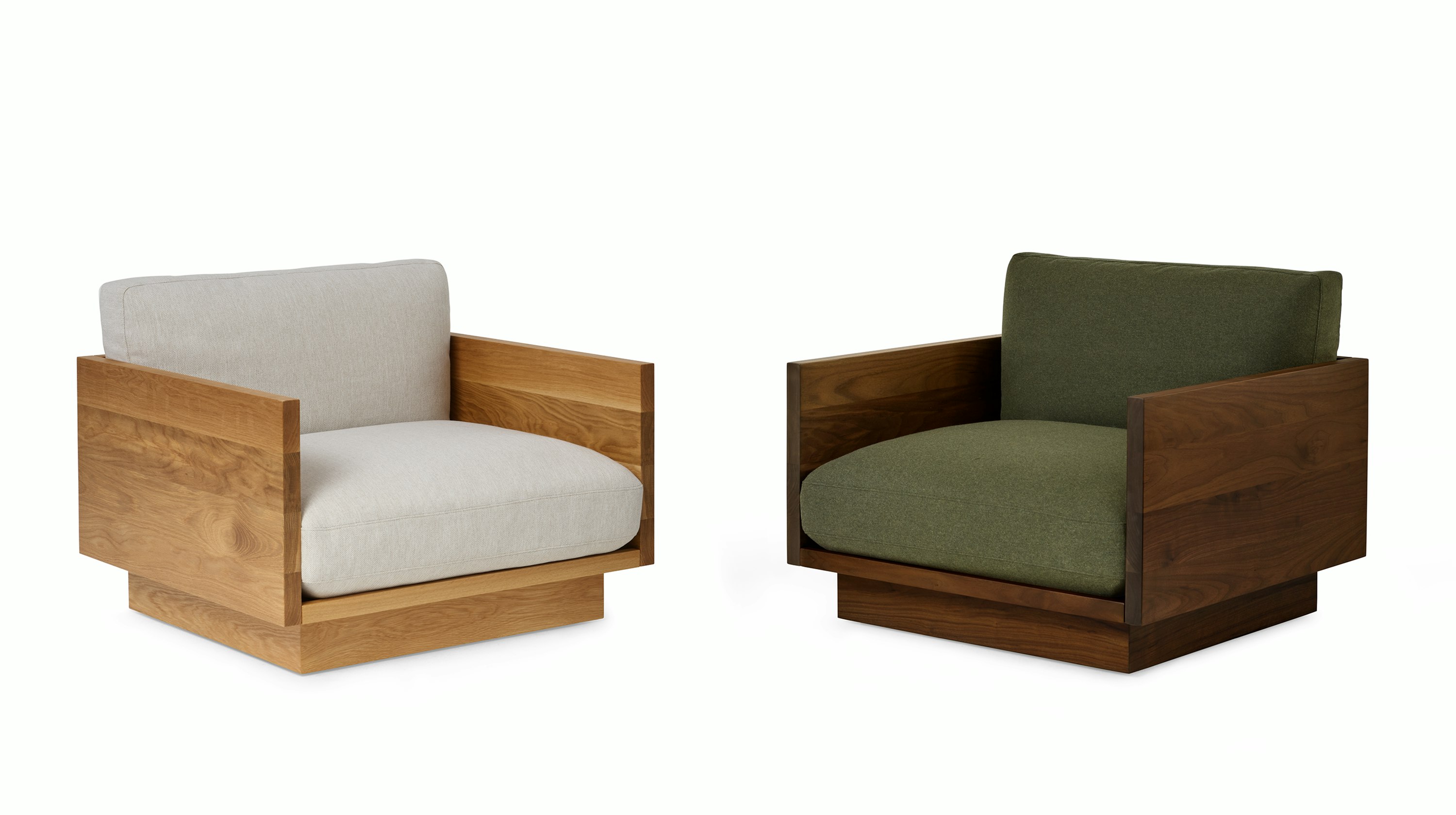 Pawson Drift Lounge Chairs in Oak and greige textile (Mode clavicle) and Luce Walnut and Green textile (Luce agrarian)
