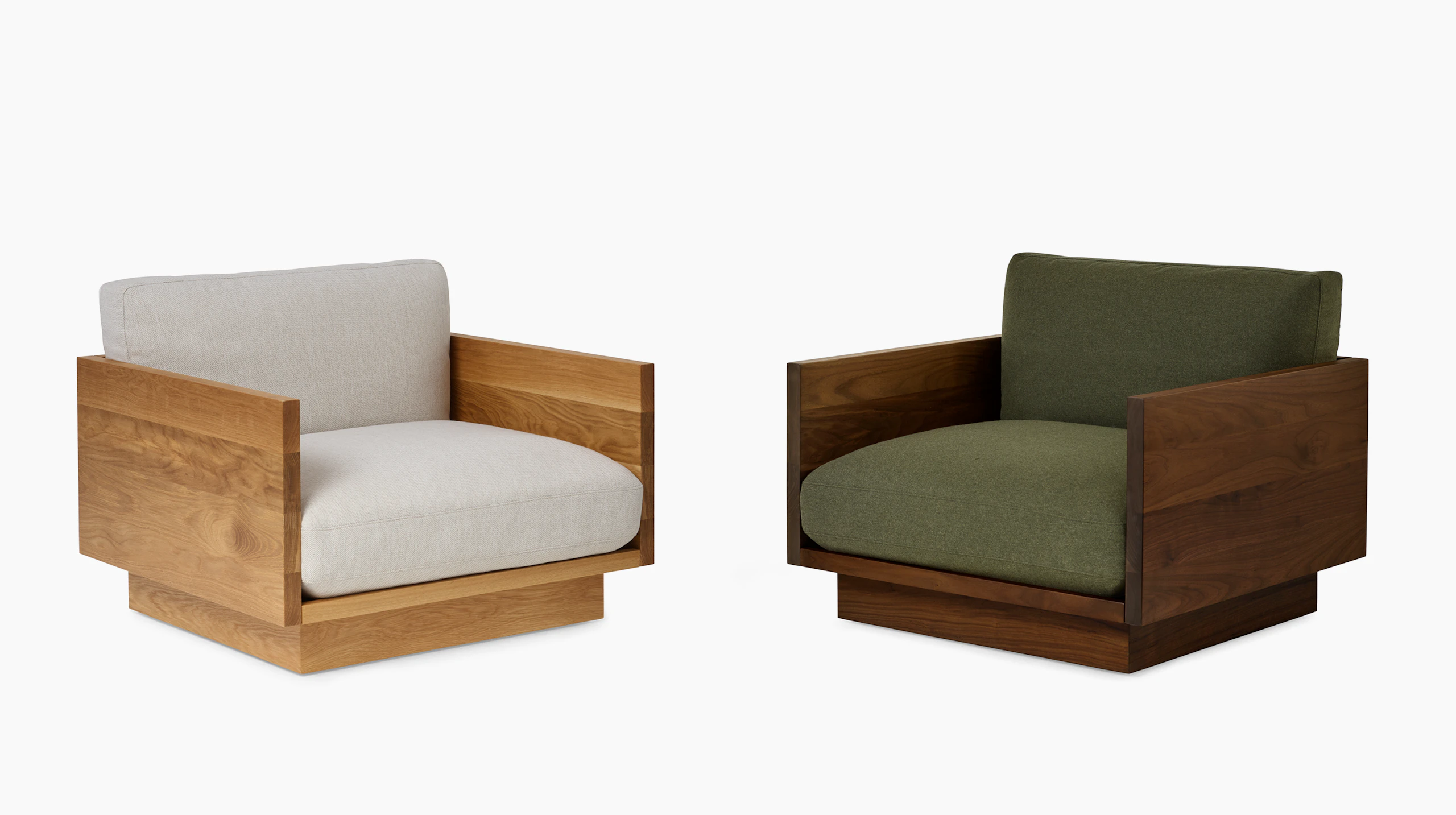 Pawson Drift Lounge Chairs in Oak and greige textile (Mode clavicle) and Luce Walnut and Green textile (Luce agrarian)