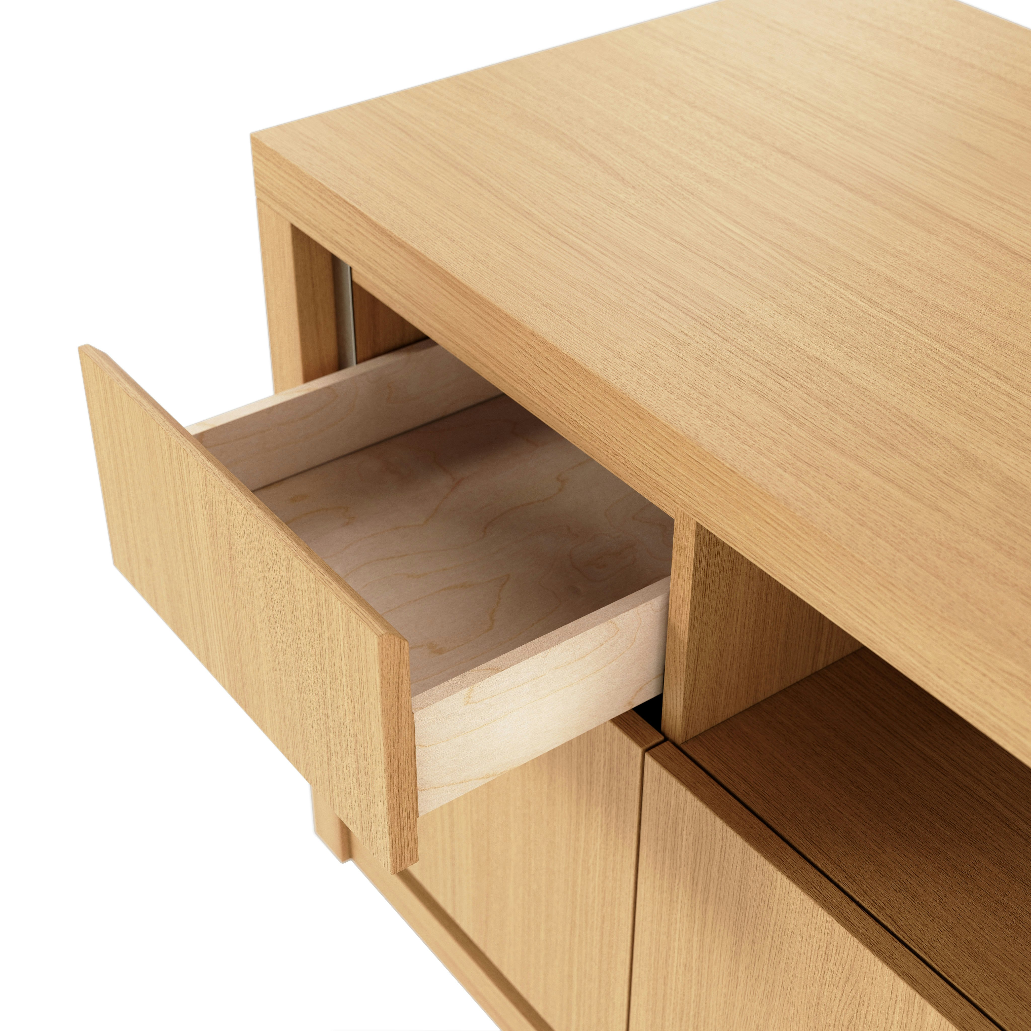 Detail shot of open box drawer on Highline Fifty Credenza in Natural Rift Cut Oak with Satin Nickel trim.