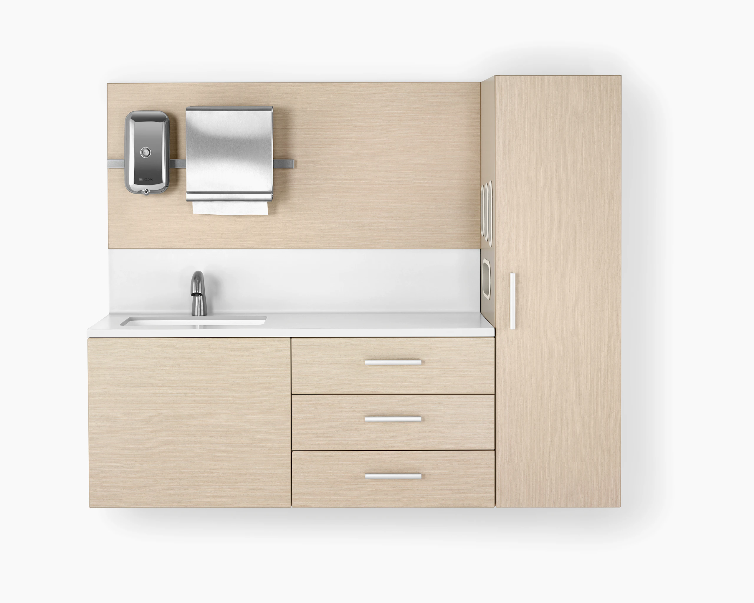 Mora casework in an ash finish and a white solid surface top and sink. The casework is wall-hung and has 3 drawers and one storage tower.