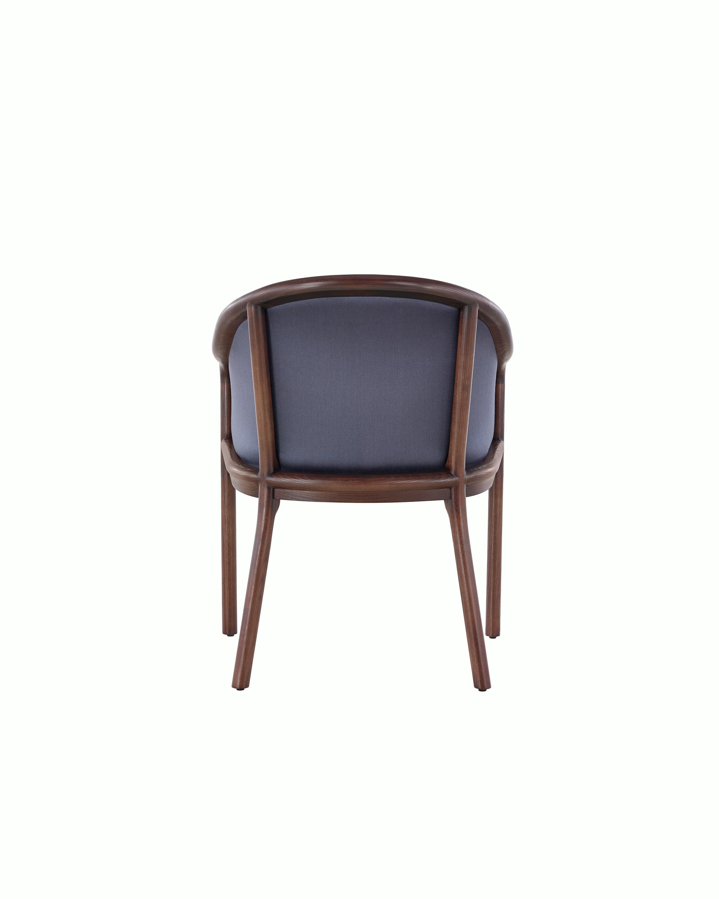 A Landmark side chair with dark blue French upholstery and a dark wood frame, viewed from behind.