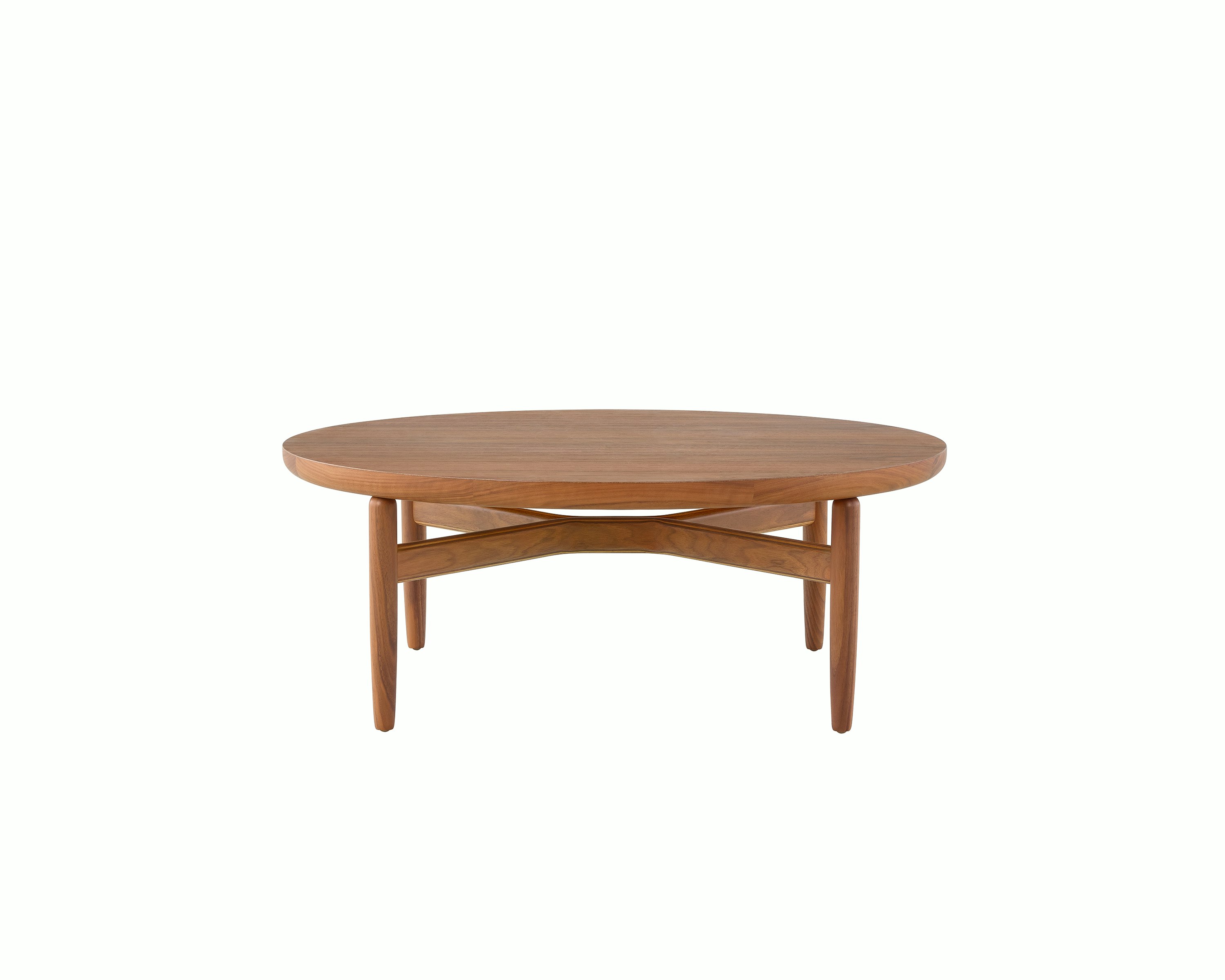 A Reframe Round Table in Walnut, viewed from the front.