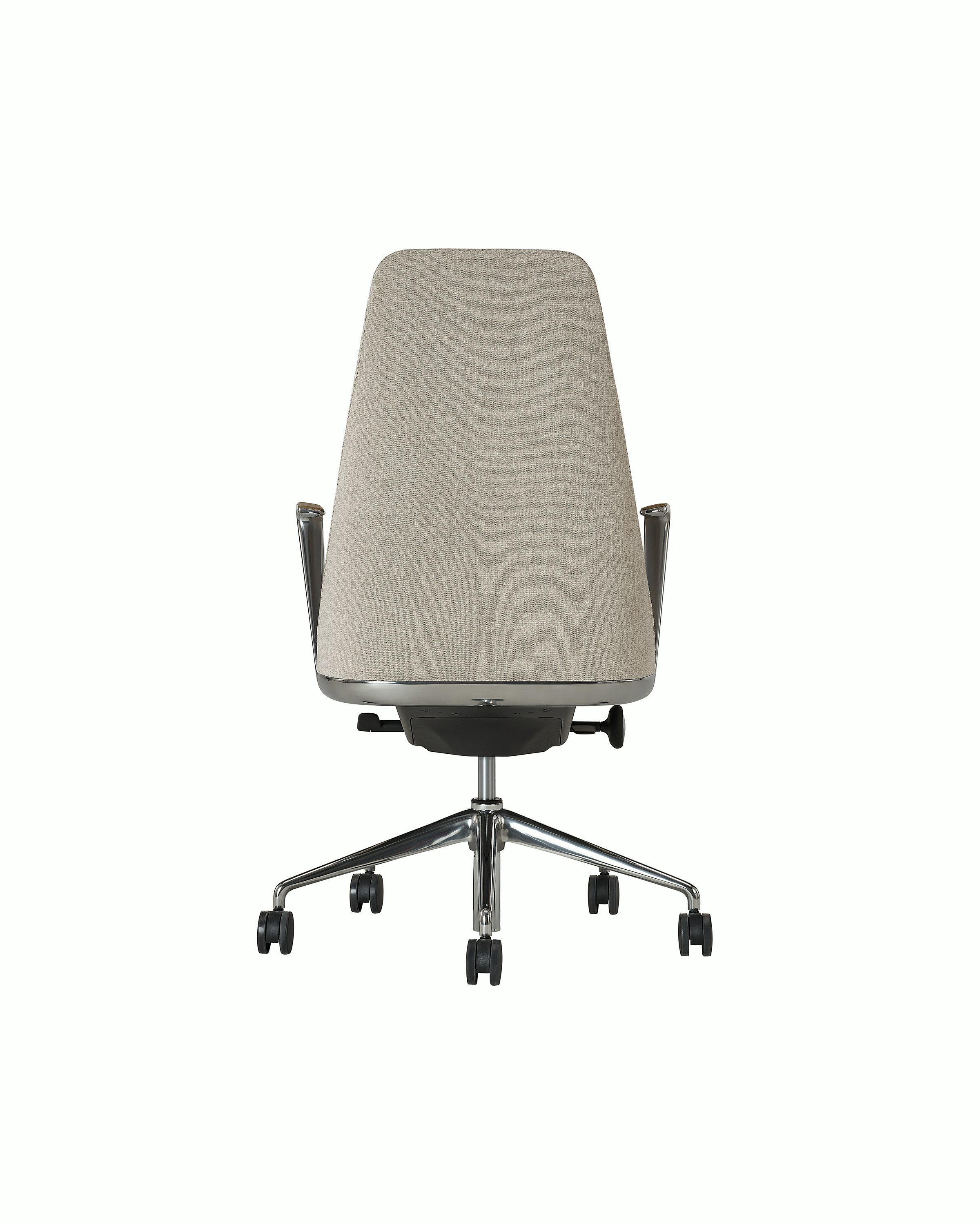 Taper Chair designed by Mark Goetz upholstered in Ingenue in Sand Mix with leather arm pads in Prone Leather in Burlap and a polished chrome base, shown back-facing on a white sweep.