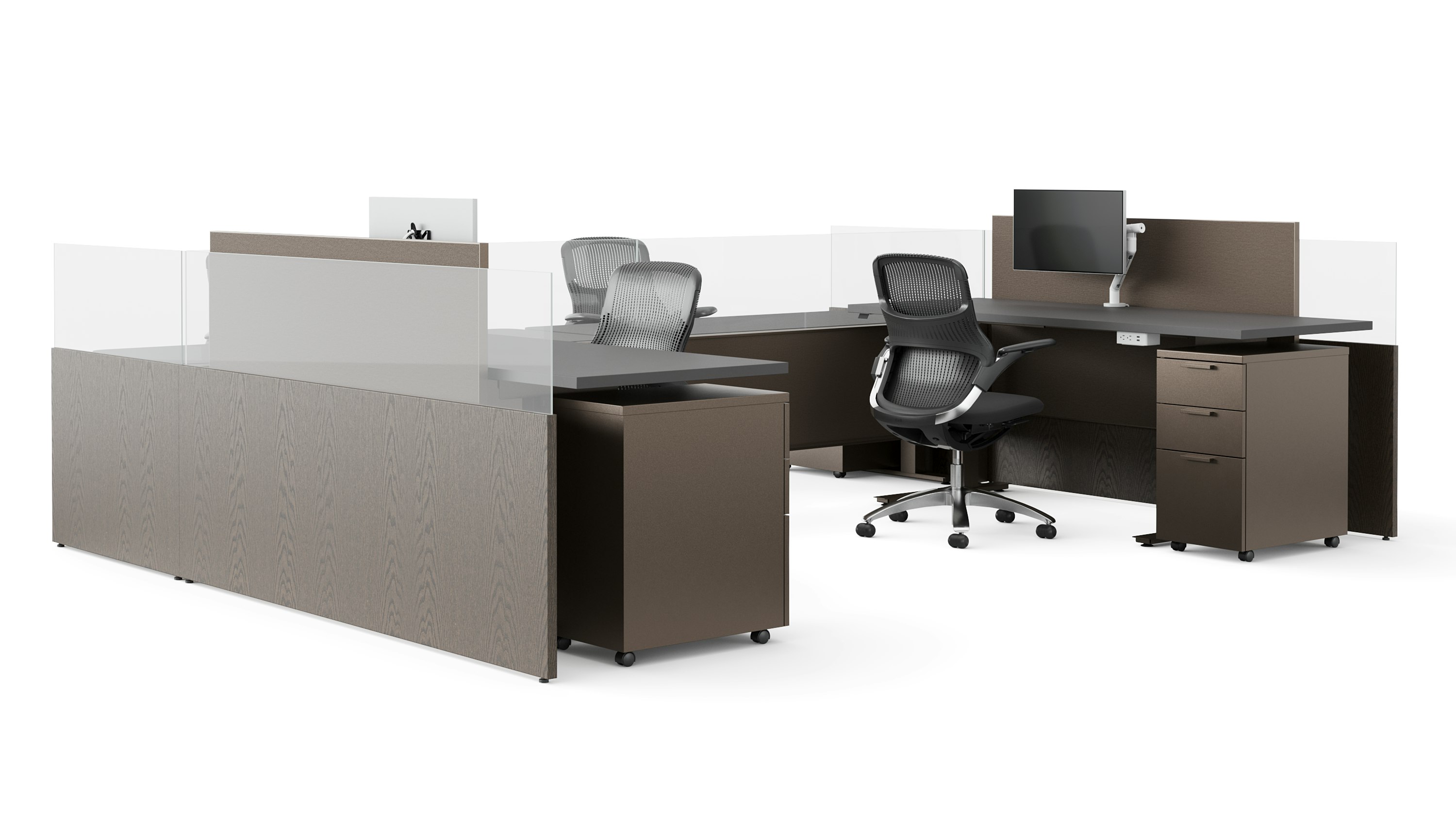 A group of dark colored open office workstations are shown at an angle.