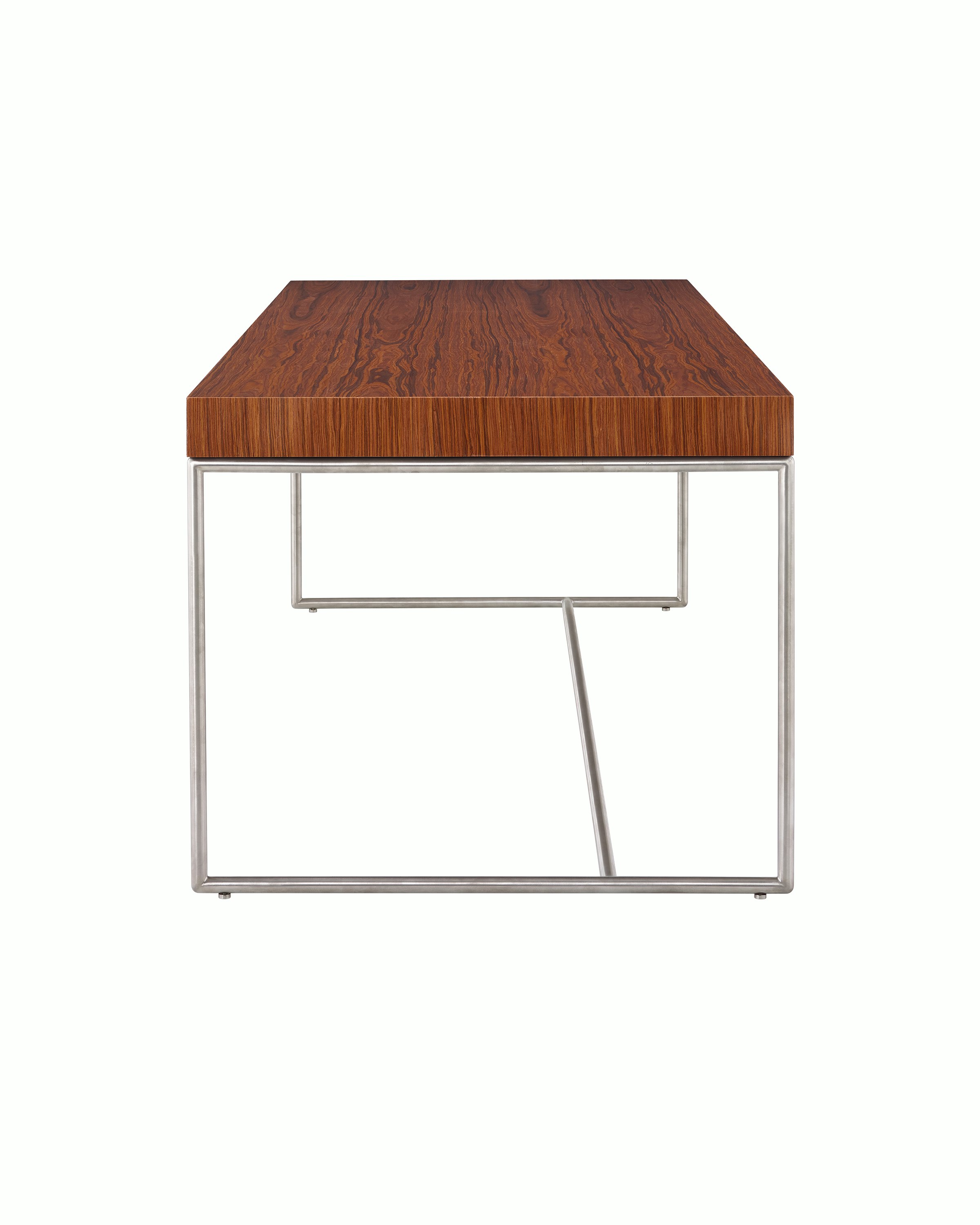 A Domino Desk with wood top and metal base.