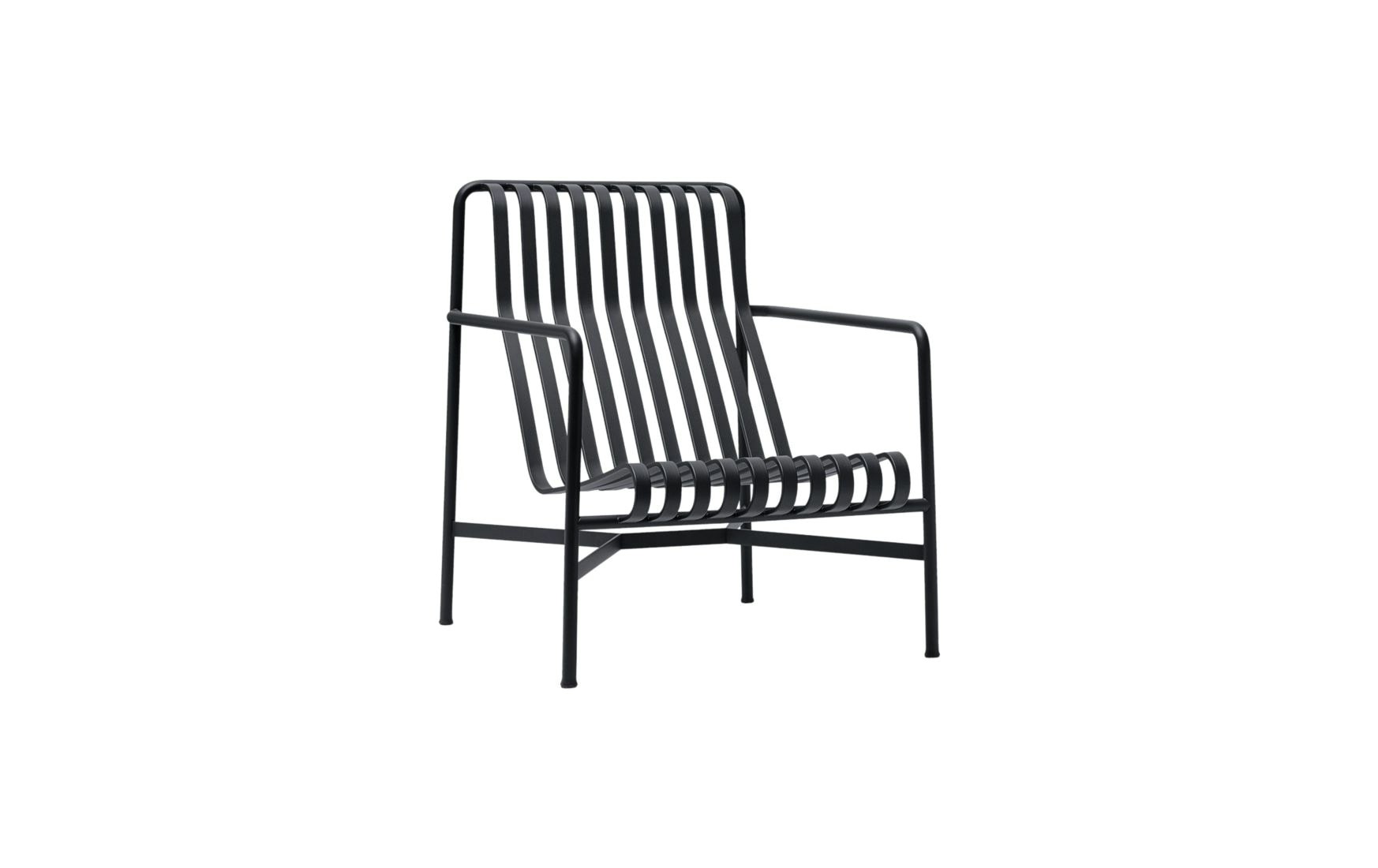 A three quarter view of a Palissade Lounge Chair, High in dark grey.