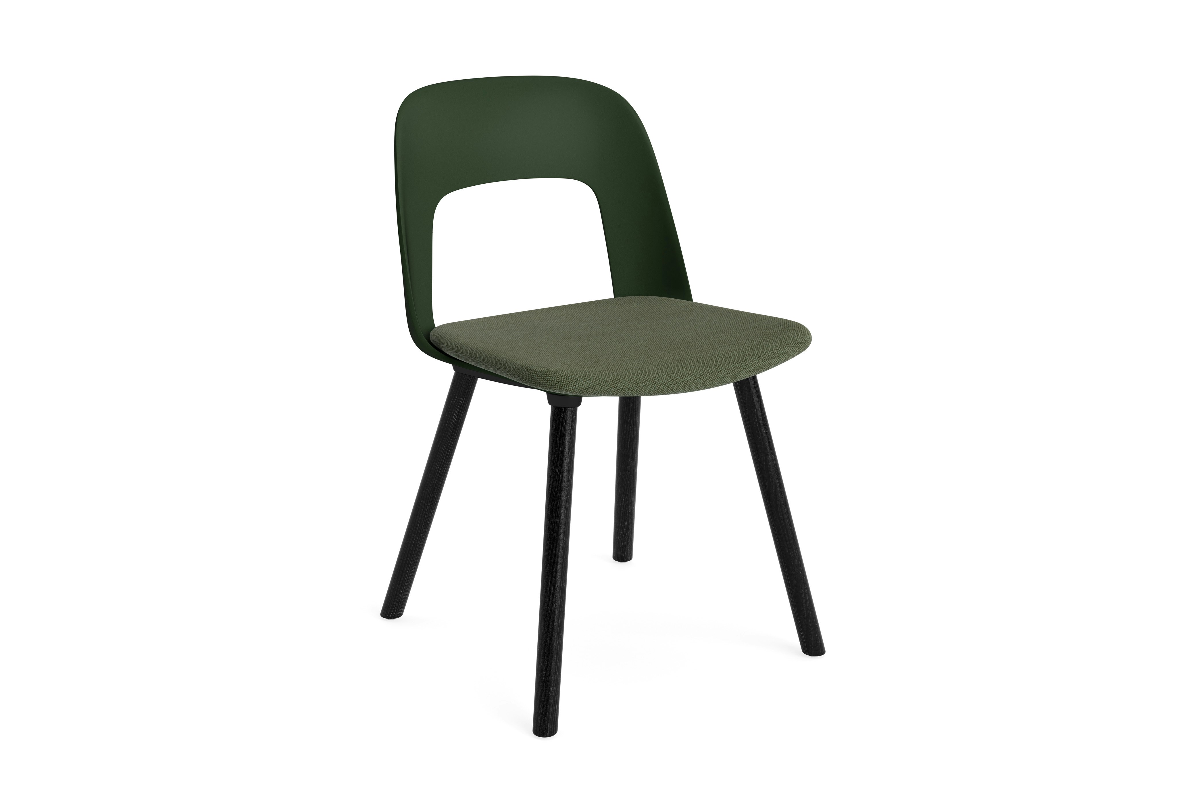 Plastic shell armless chair with upholstered seat on 4 wood legs, angled view