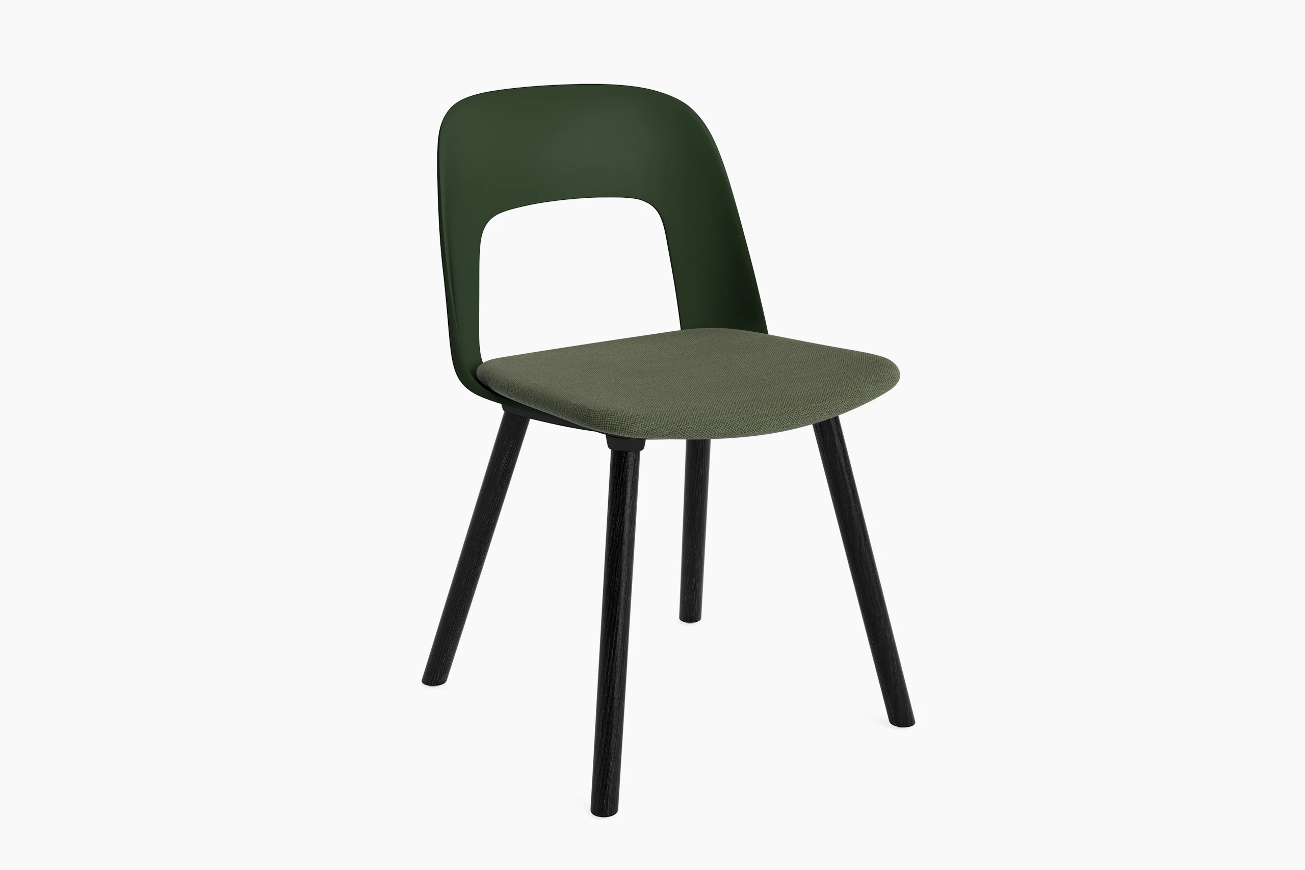 Plastic shell armless chair with upholstered seat on 4 wood legs, angled view