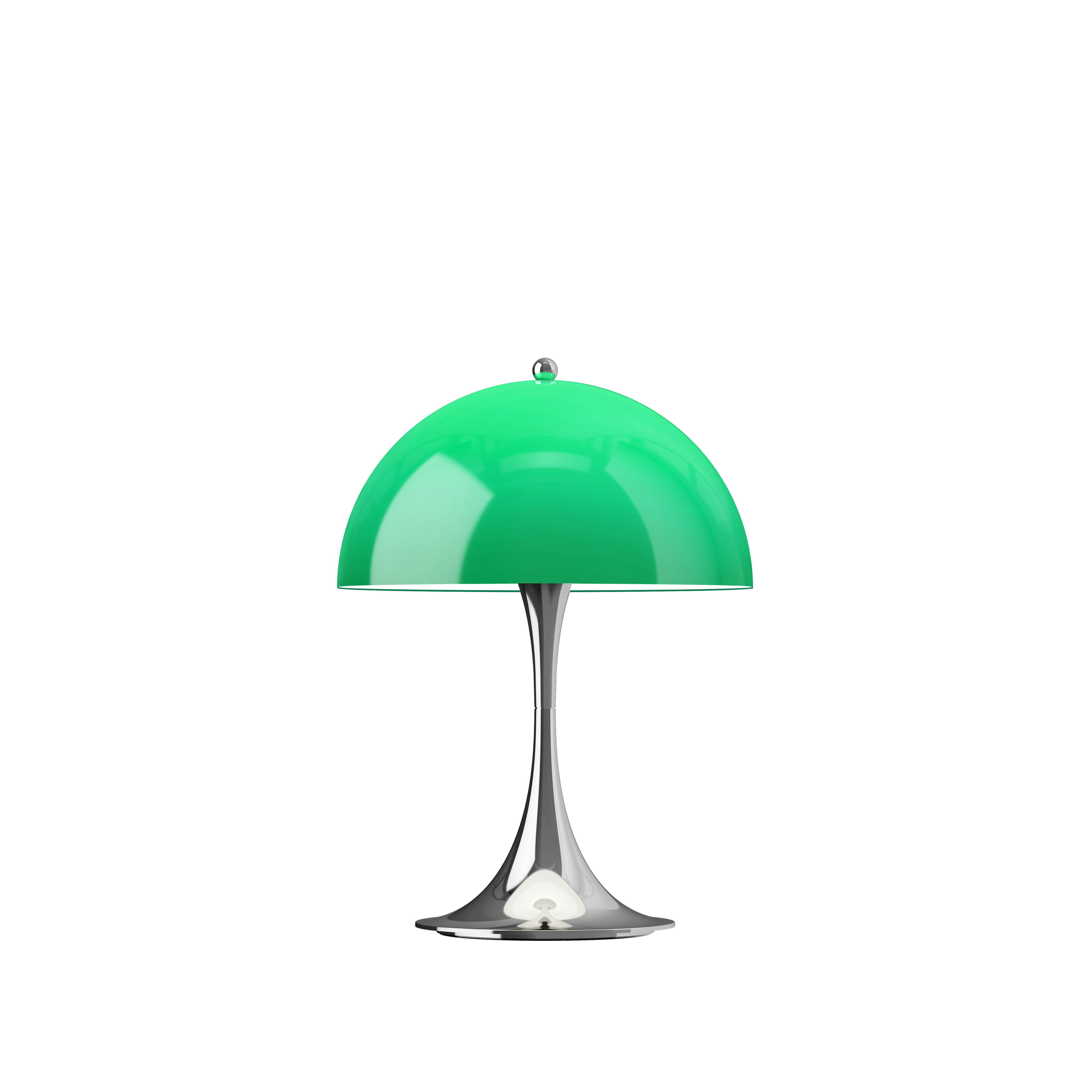 A Panthella Portable Lamp in Green viewed from the front.