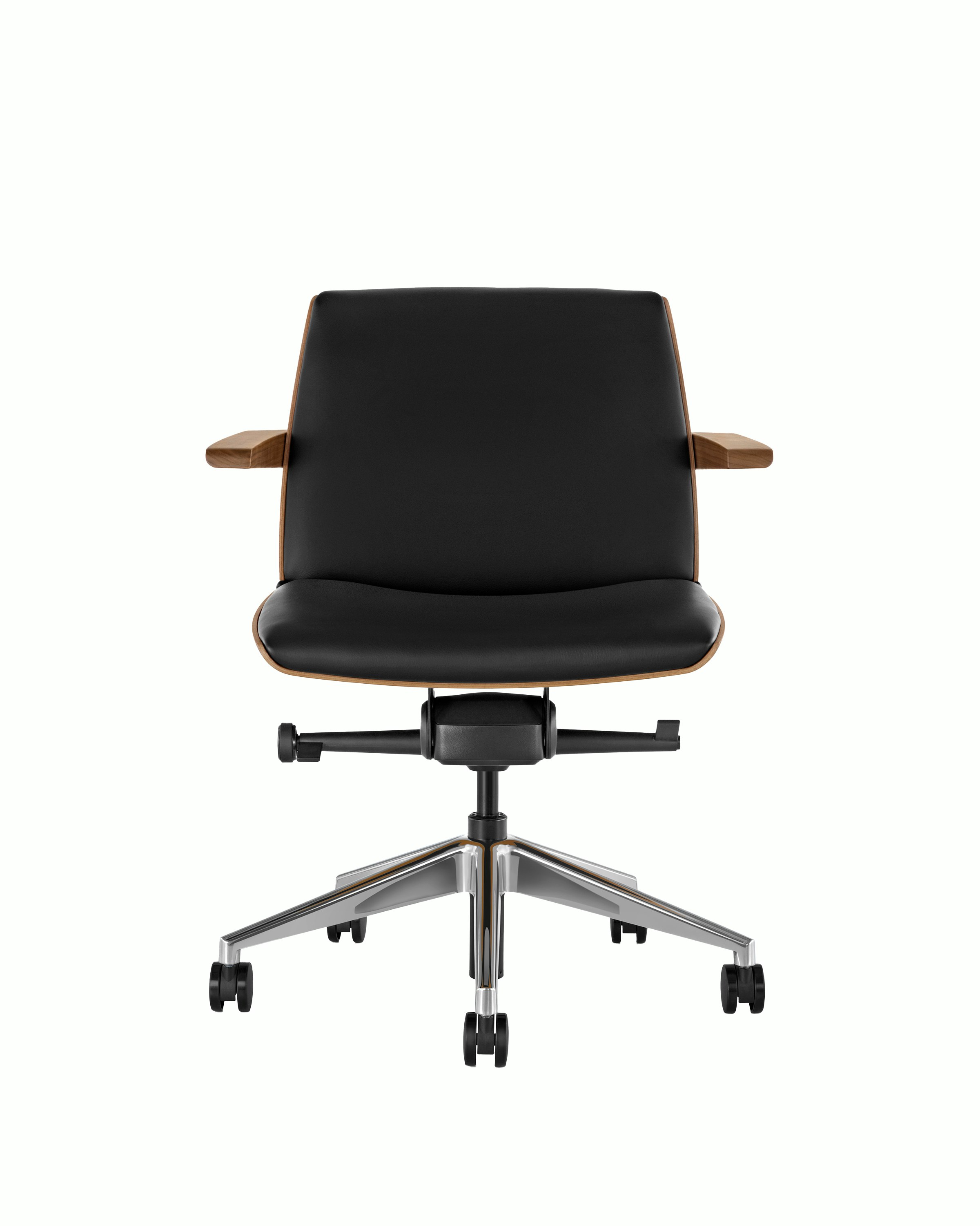 Front view of a low-back Clamshell office chair with black leather upholstery, a walnut shell, with arms.