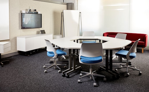 neocon 2018 hospitality at work pixel trapezoid table ollo light task chair collaborative space flexibility pixel credenza