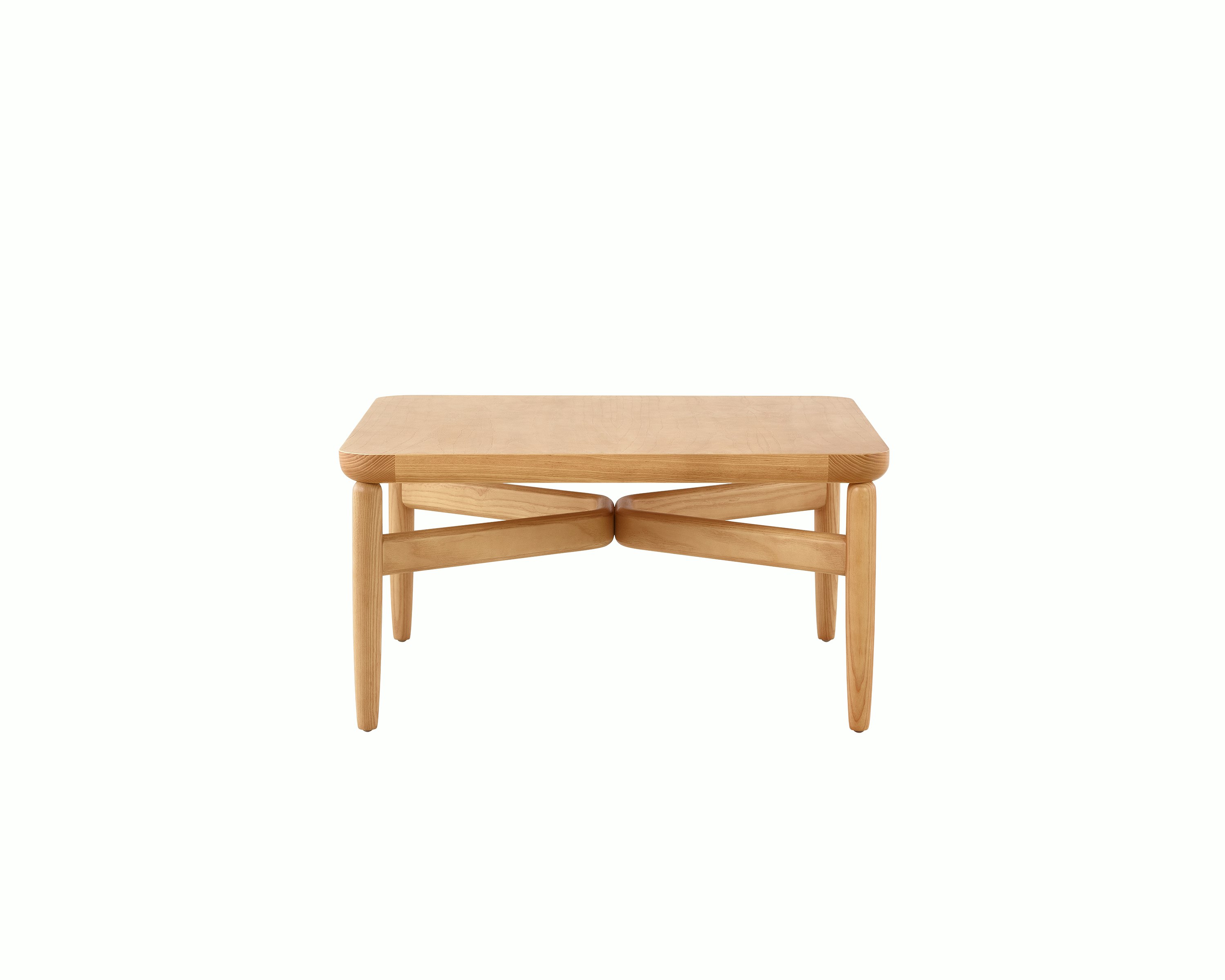 A Reframe Square Table in Rift Oak, viewed from the side.
