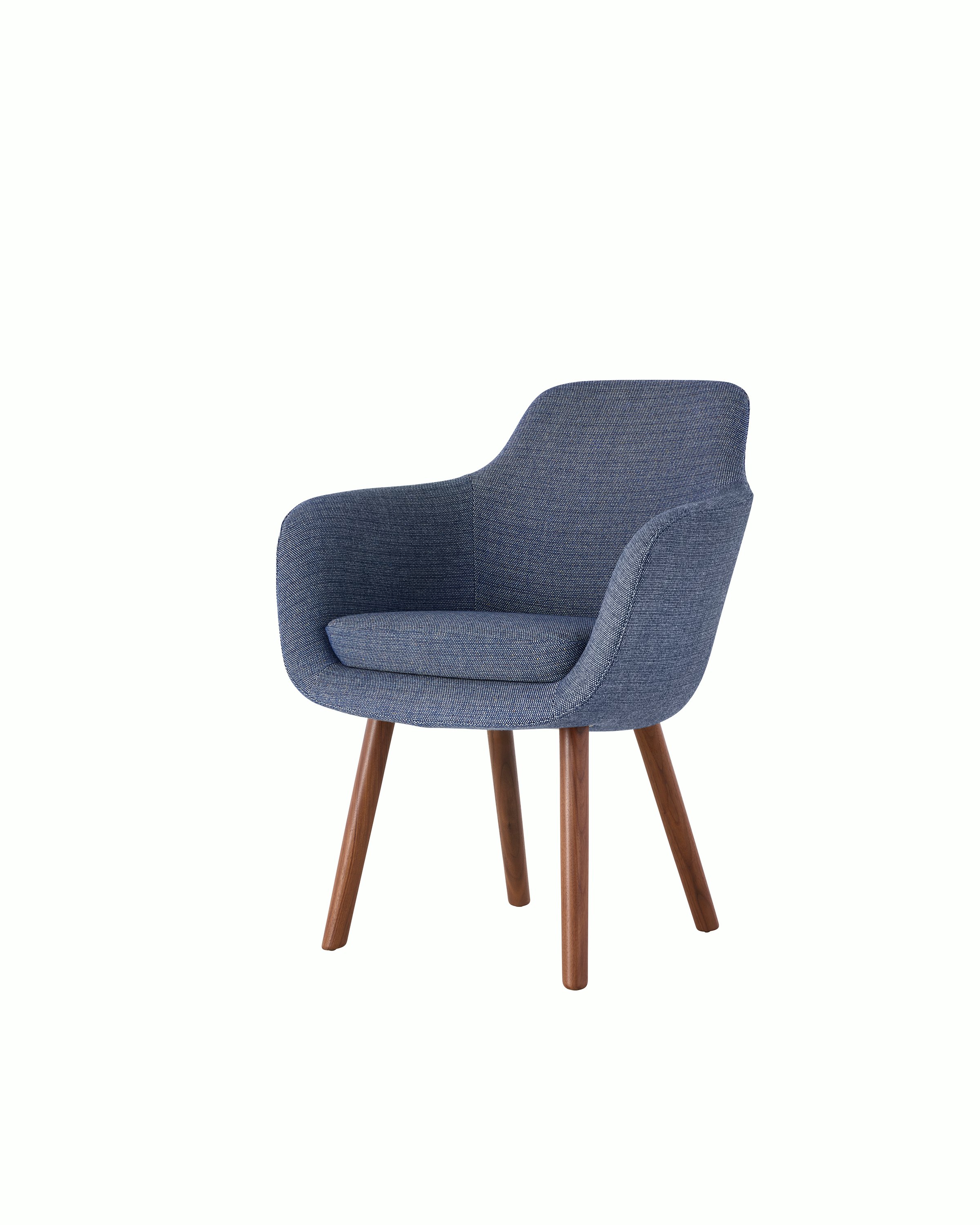 Partial view of a Saiba Side Chair with blue fabric.