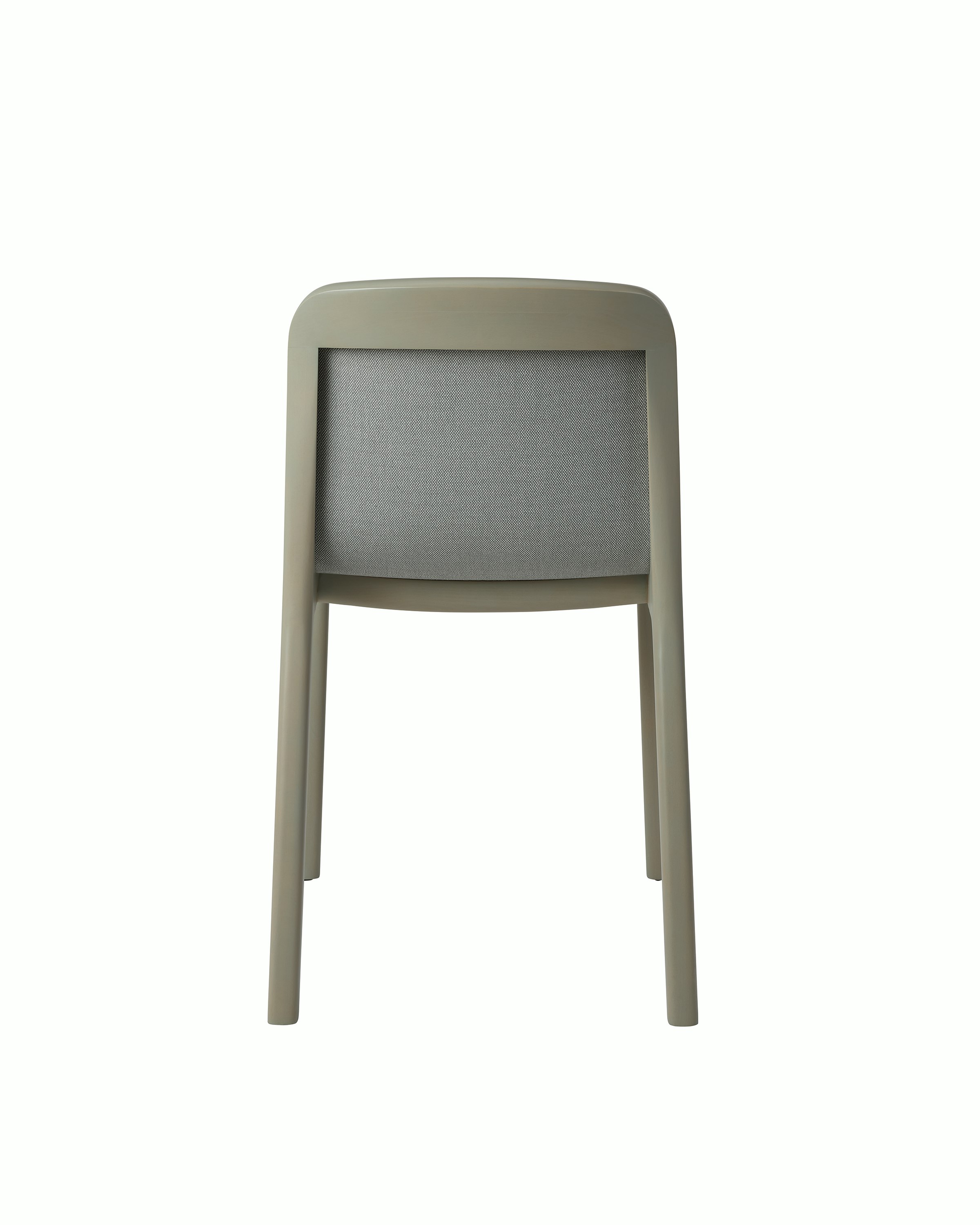 Lijn Side Chair by Carole Baijings for Geiger in Pumice frame upholstered with Maharam Rowan in Daydream, back view on a white sweep.