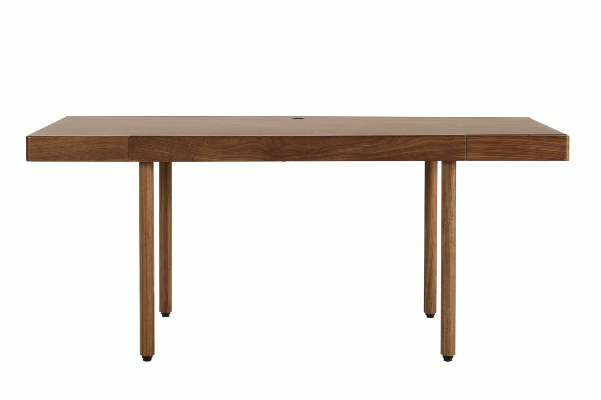 A New Canaan Wood Sit-to-Stand Desk in Walnut viewed from the front.
