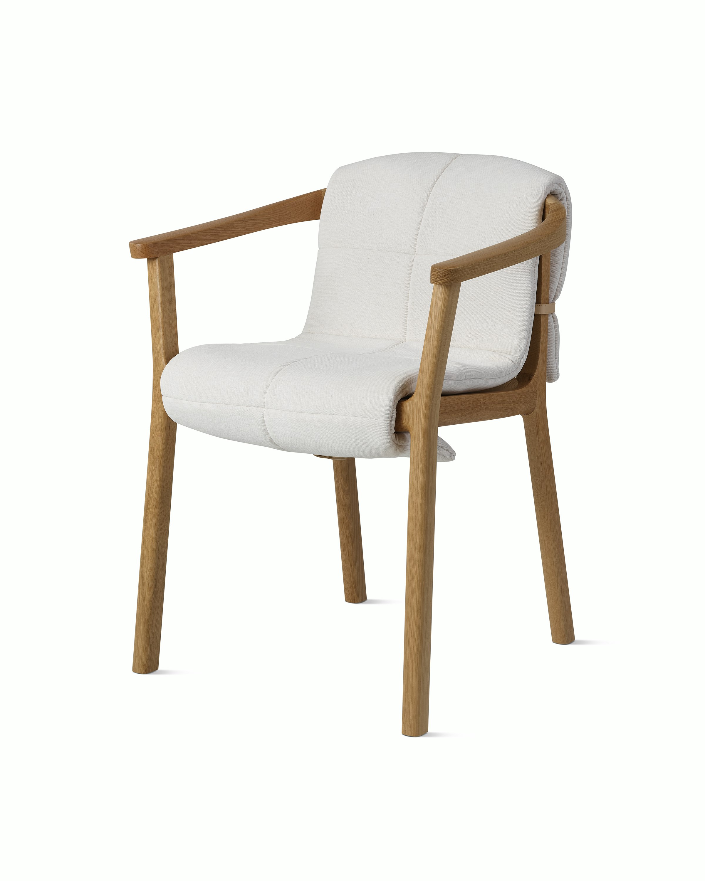 Lijn Armchair by Carole Baijings for Geiger in Natural Oak frame with quilted wrap in Vionette White Sand Mix, angled front view on a white sweep.