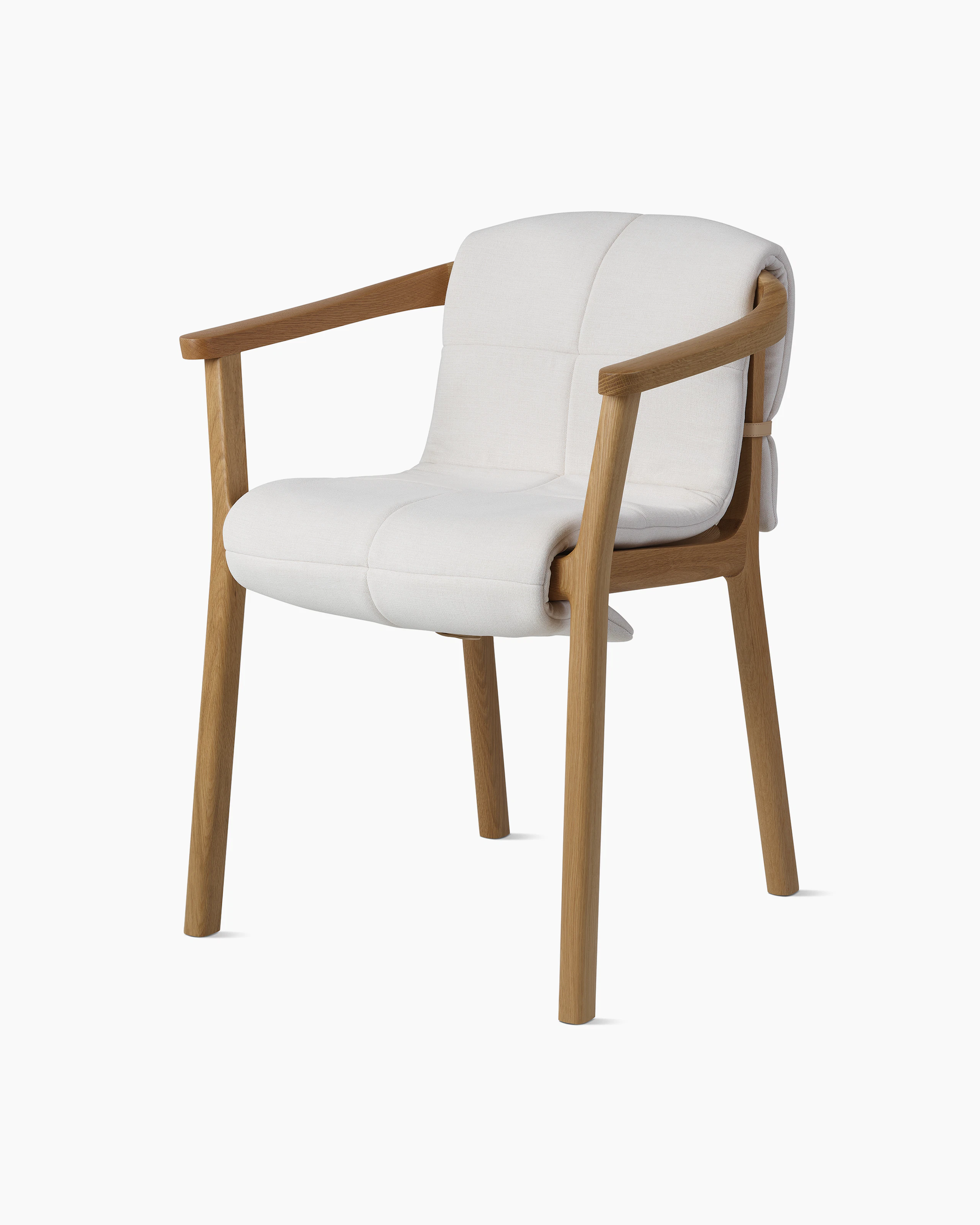 Lijn Armchair by Carole Baijings for Geiger in Natural Oak frame with quilted wrap in Vionette White Sand Mix, angled front view on a white sweep.