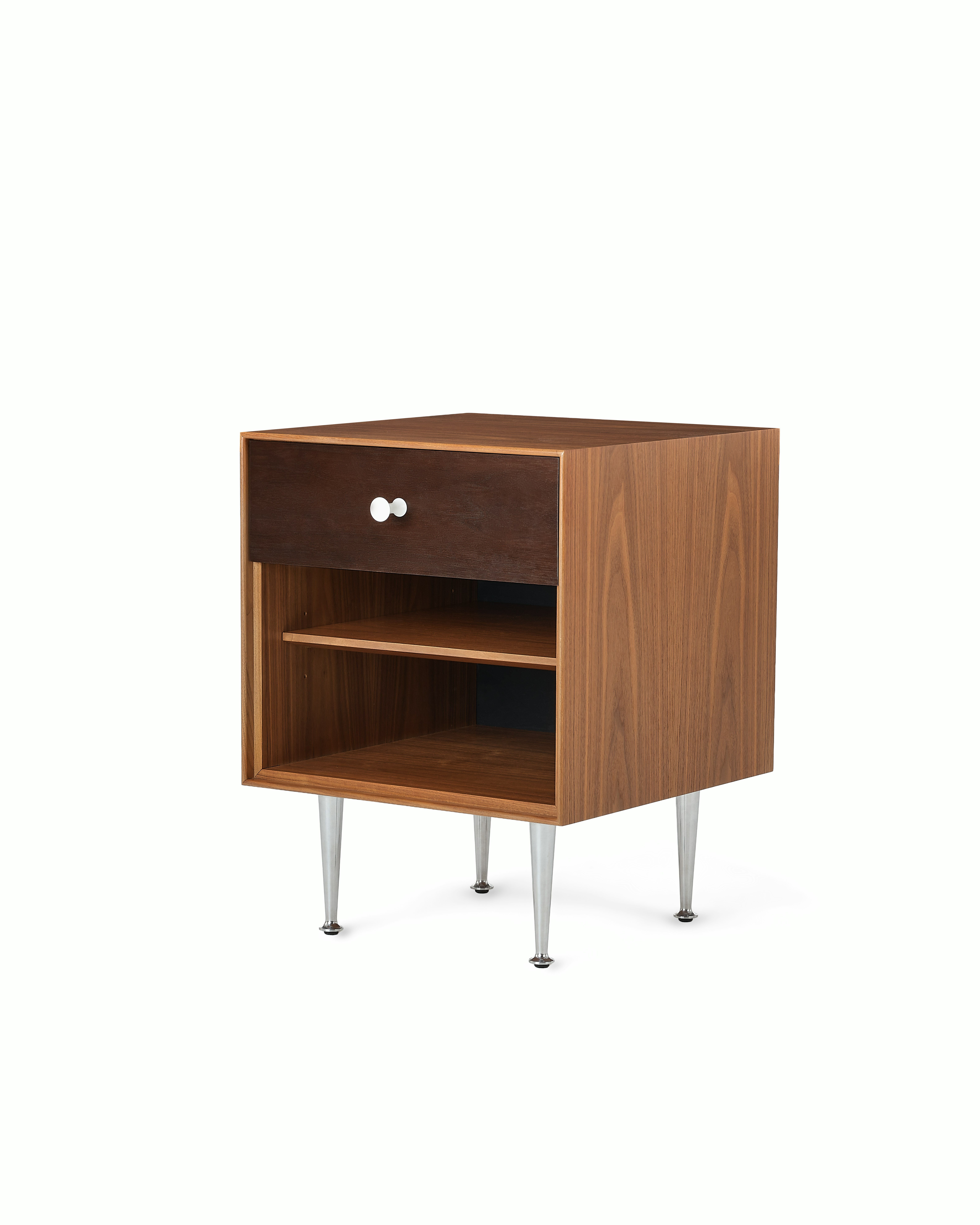 A Nelson Thin Edge Bedside Table in brown white viewed from an angle.