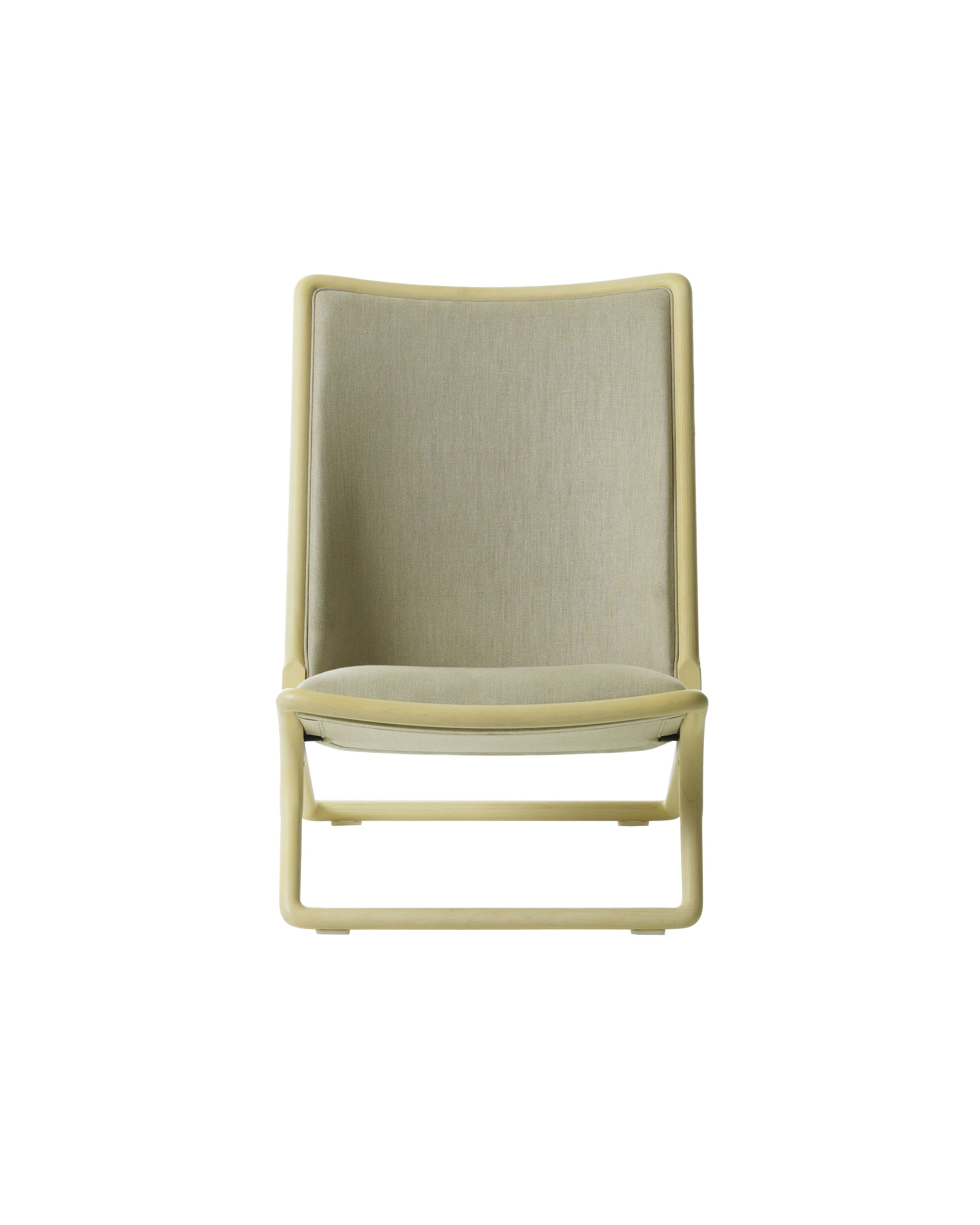 Scissor chair in white ash upholstered in a beige fabric as viewed from the front.