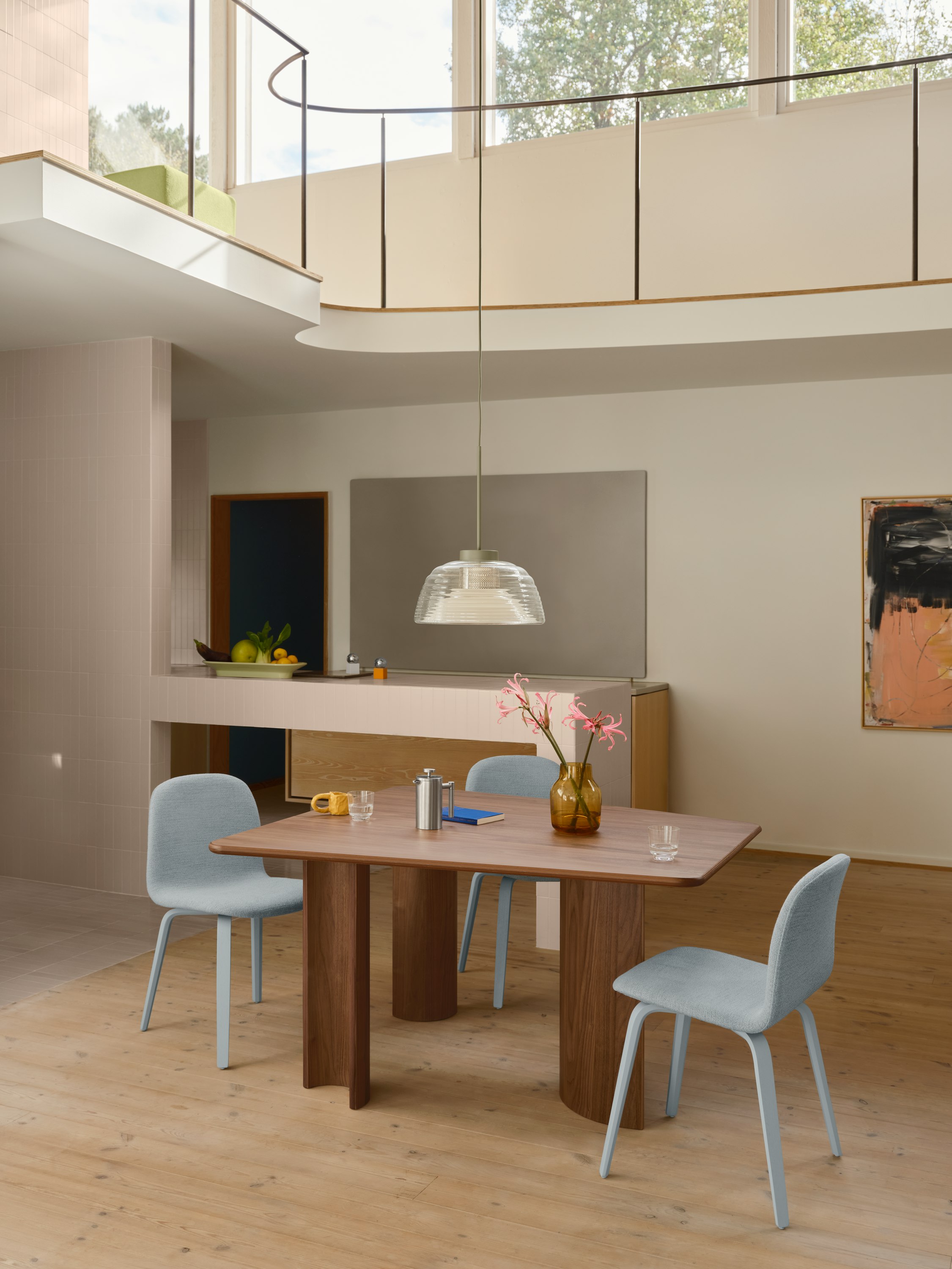 Re-norm Table 130 cm in Walnut - Visu Chair Ecriture 710 Wood Base - Two-Layer Pendant in Olive - Silent Vase Dia15 in Burnt Orange - Raise Glasses in Clear