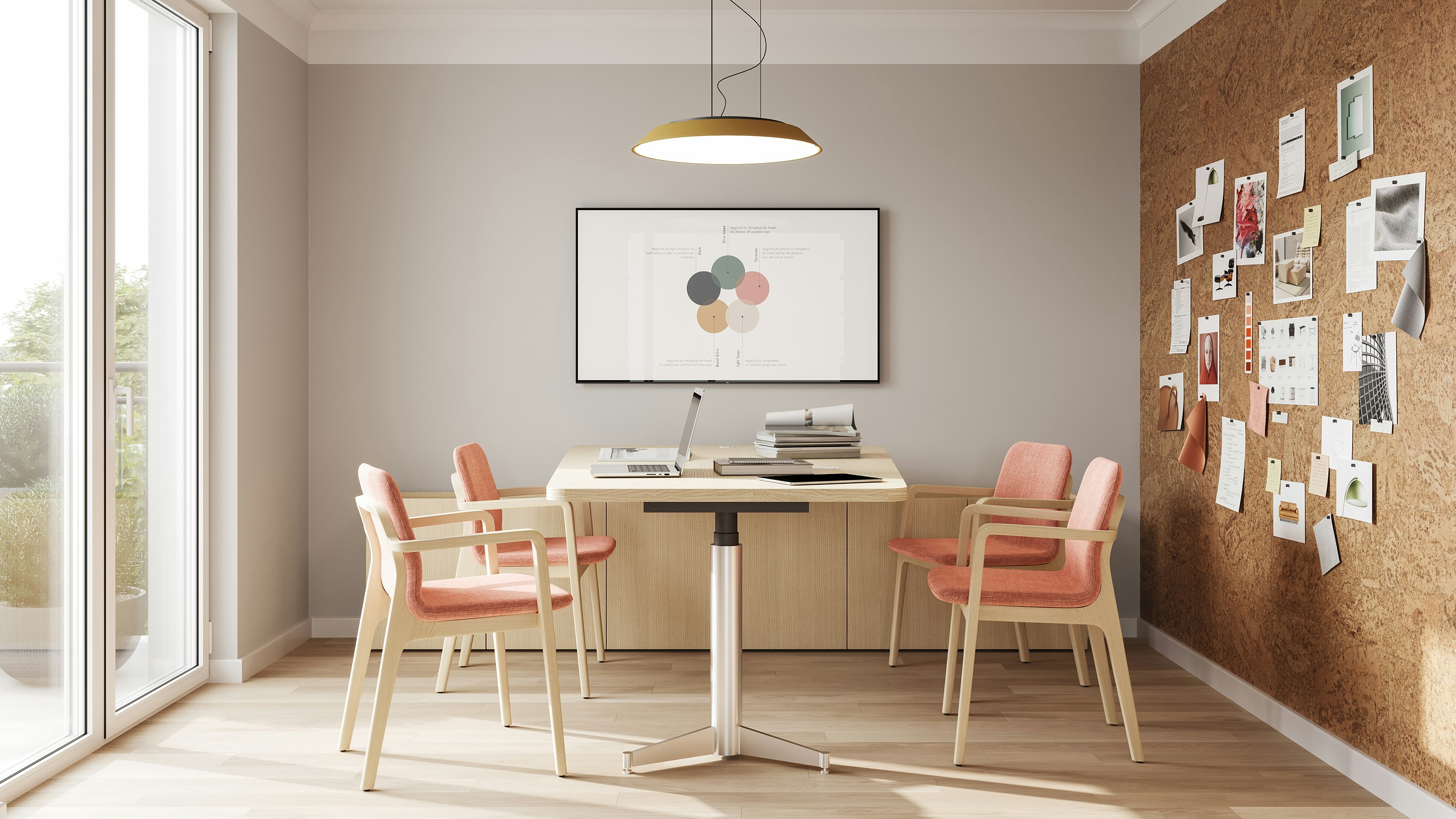 Geiger One Meeting and Huddle Room, Rendering HU2, in White Ash with Deft Chairs.