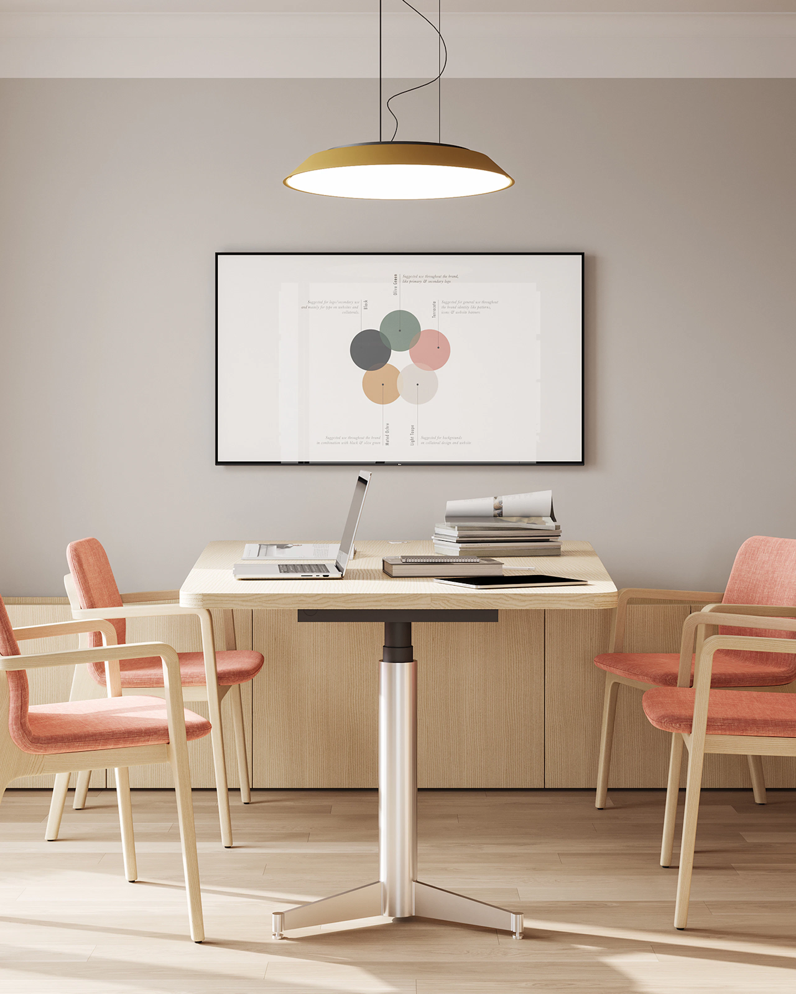 Geiger One Meeting and Huddle Room, Rendering HU2, in White Ash with Deft Chairs.