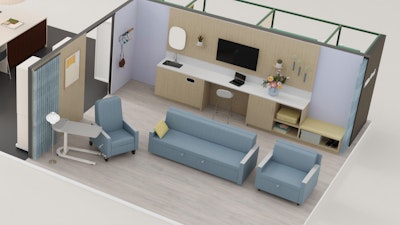 An aerial view of a patient room furnished with a blue Gemma Recliner, Double Sleep Sofa, and Sleep Chair. Warm lighting, natural textures, and practical work surfaces can be seen throughout.