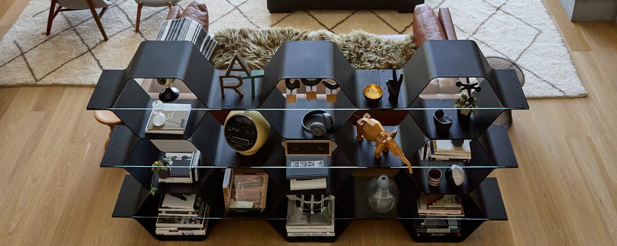 9-Cell Honeycomb Modular Shelving in a living room setting