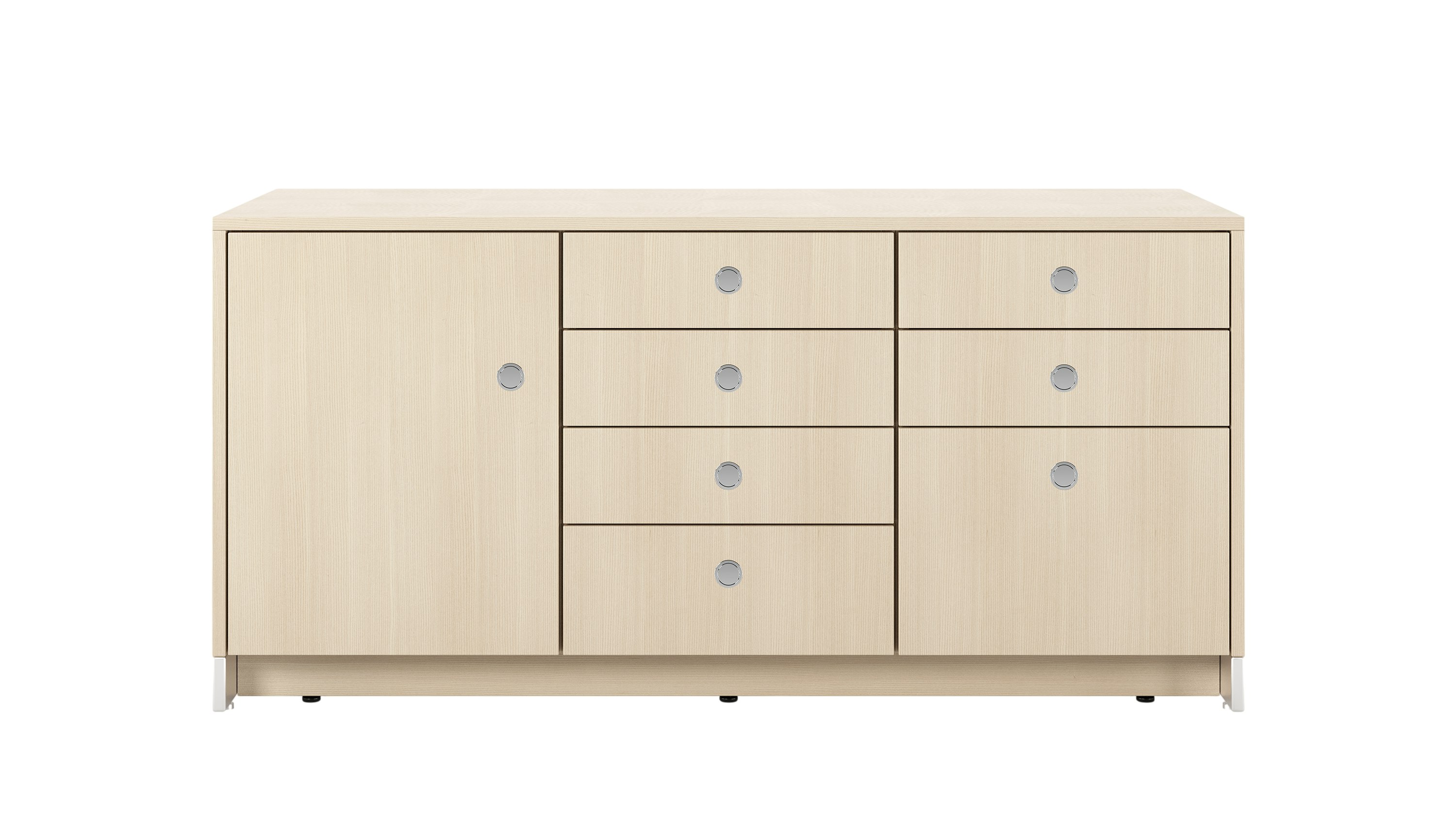 52.5 inch wide Sled Base Credenza with mixed storage in ash with a chrome base and pulls viewed from the front.