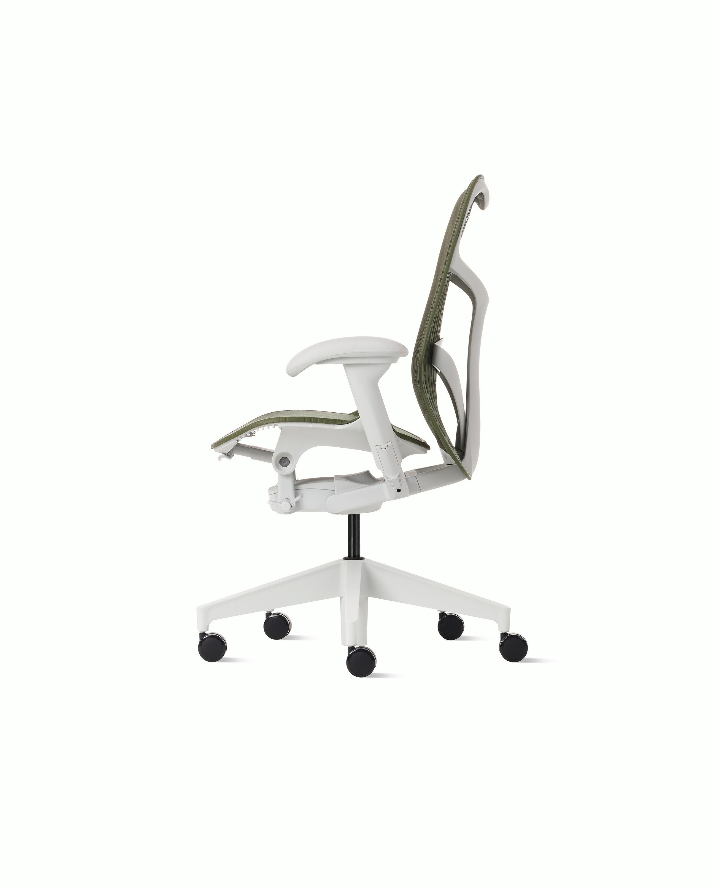 Front angle view of a Mirra 2 chair with a Butterfly back in olive and an alpine frame.