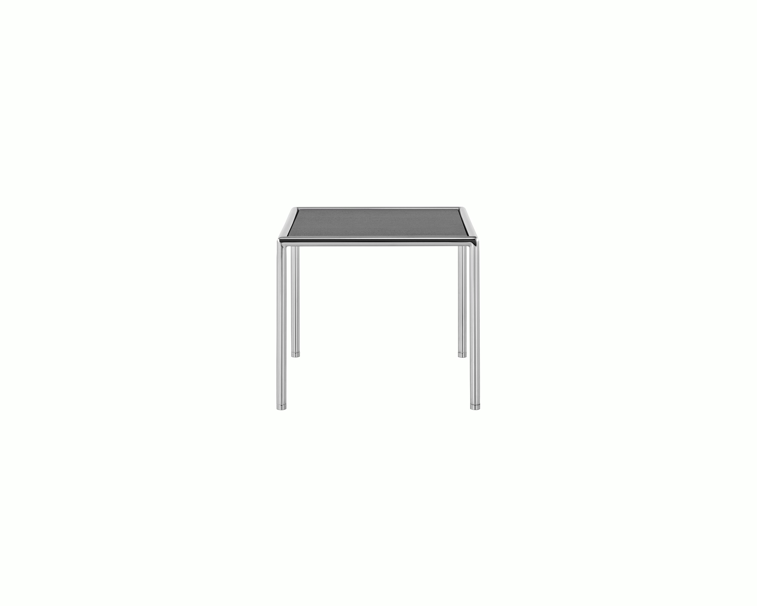 A square Full Round side table with a black wood top and tubular metal frame.