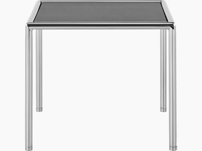 A square Full Round side table with a black wood top and tubular metal frame.