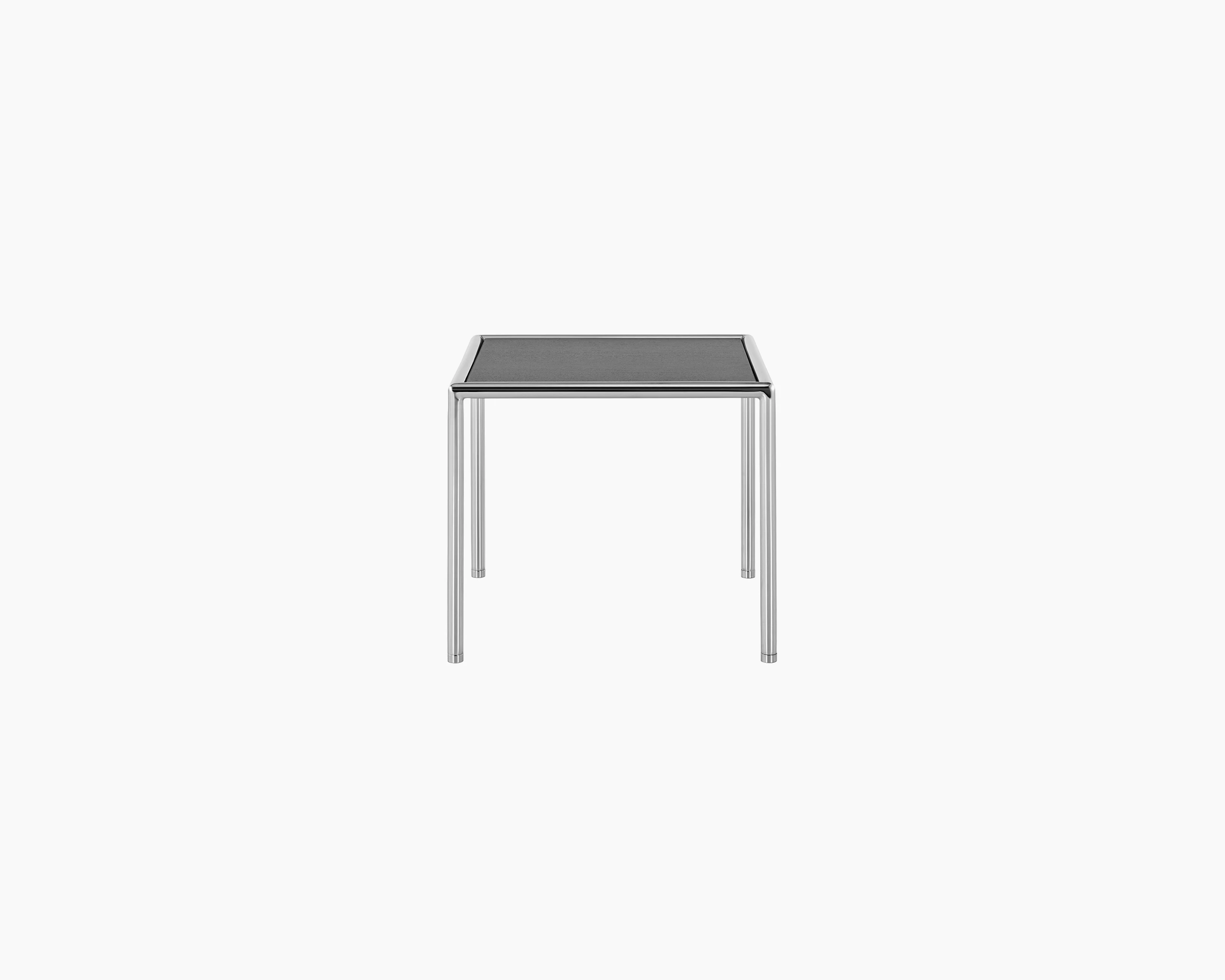 A square Full Round side table with a black wood top and tubular metal frame.