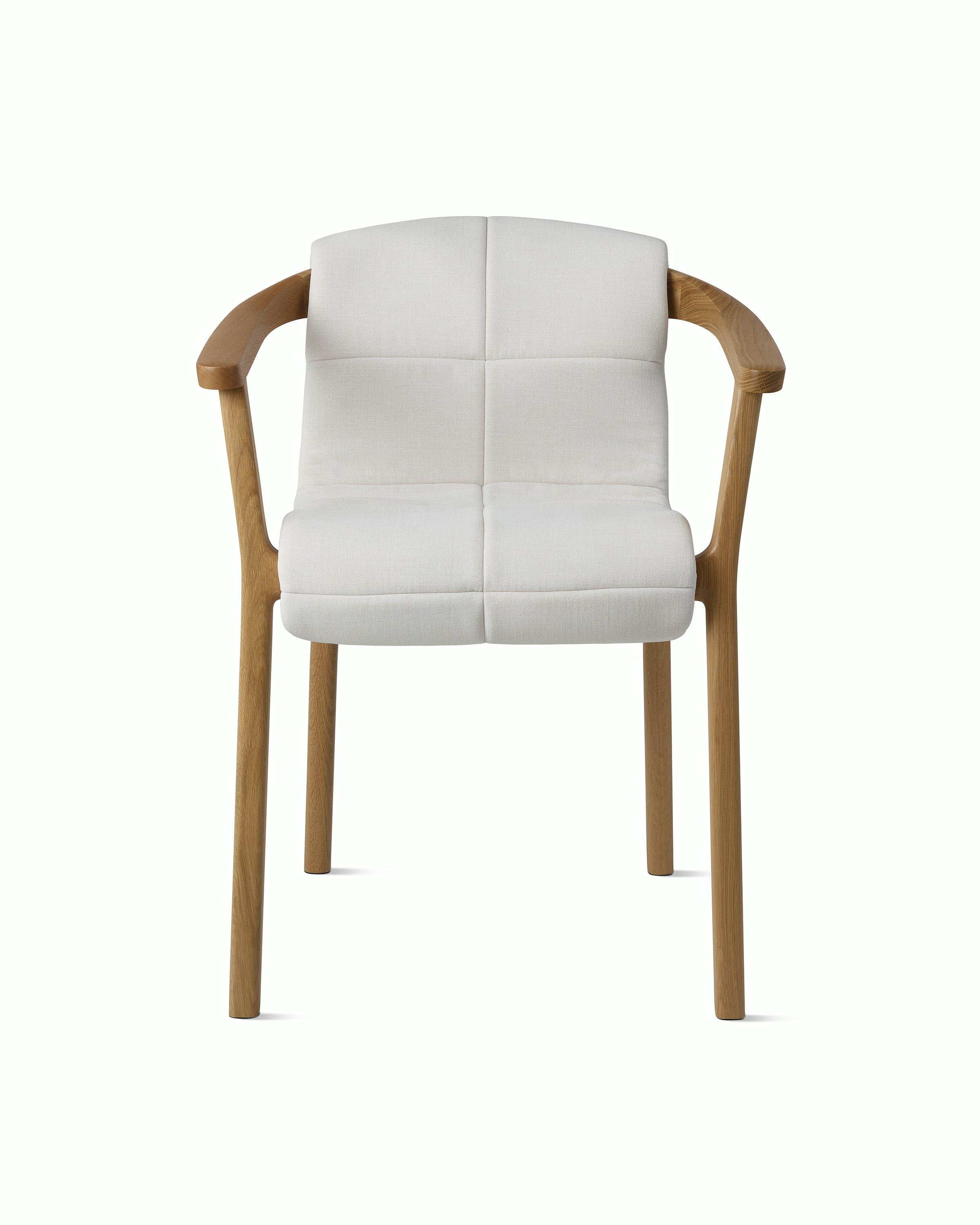 Lijn Armchair by Carole Baijings for Geiger in Natural Oak frame with quilted wrap in Vionette White Sand Mix, front view on a white sweep.
