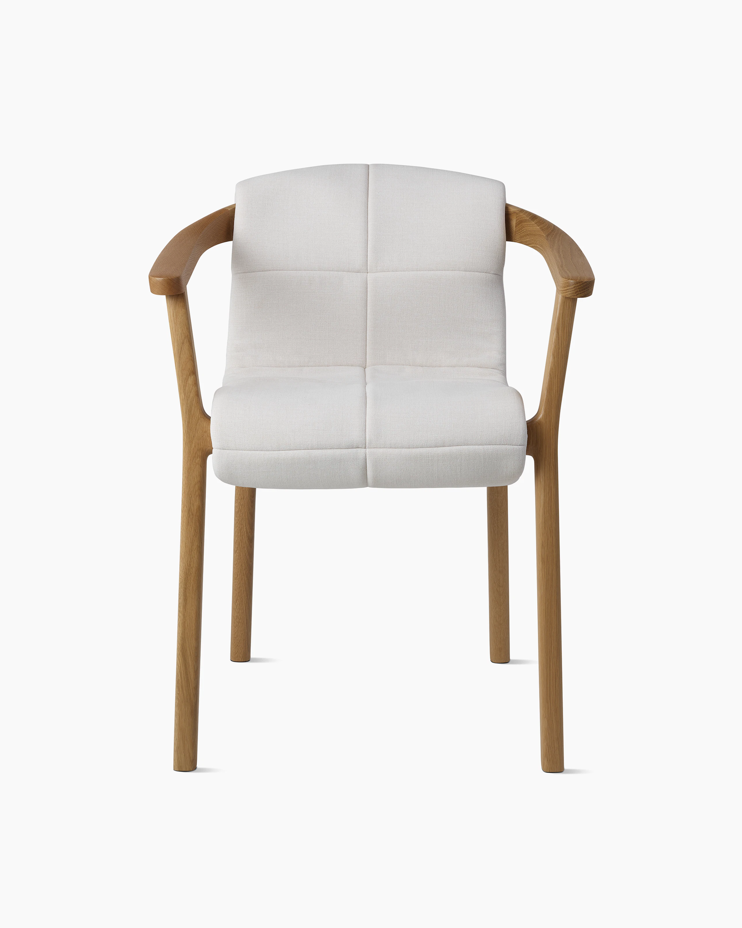 Lijn Armchair by Carole Baijings for Geiger in Natural Oak frame with quilted wrap in Vionette White Sand Mix, front view on a white sweep.