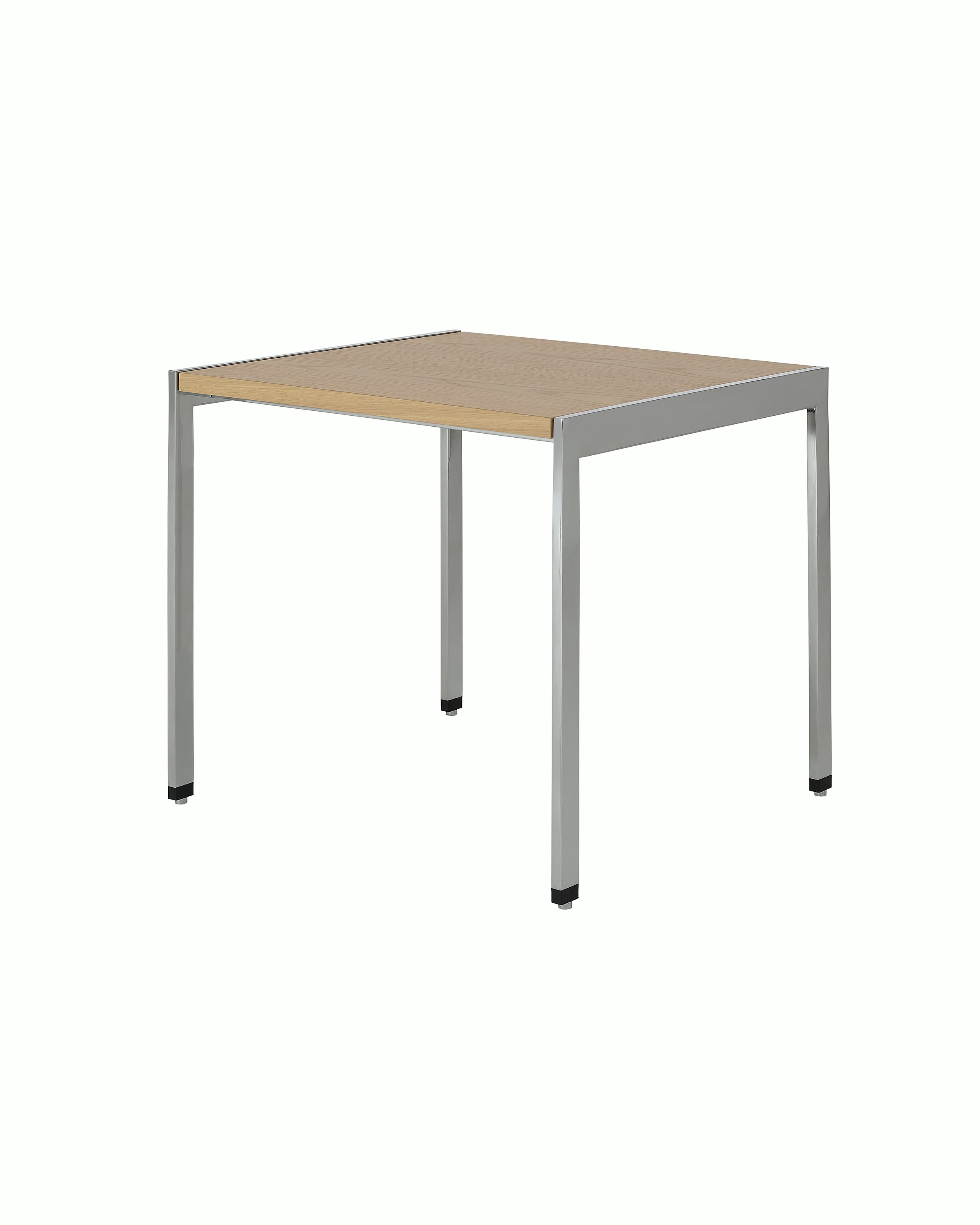 H Frame Side Table designed by Ward Bennett with a polished chrome base and a Nordic Oak top, shown at an angle on a white sweep.