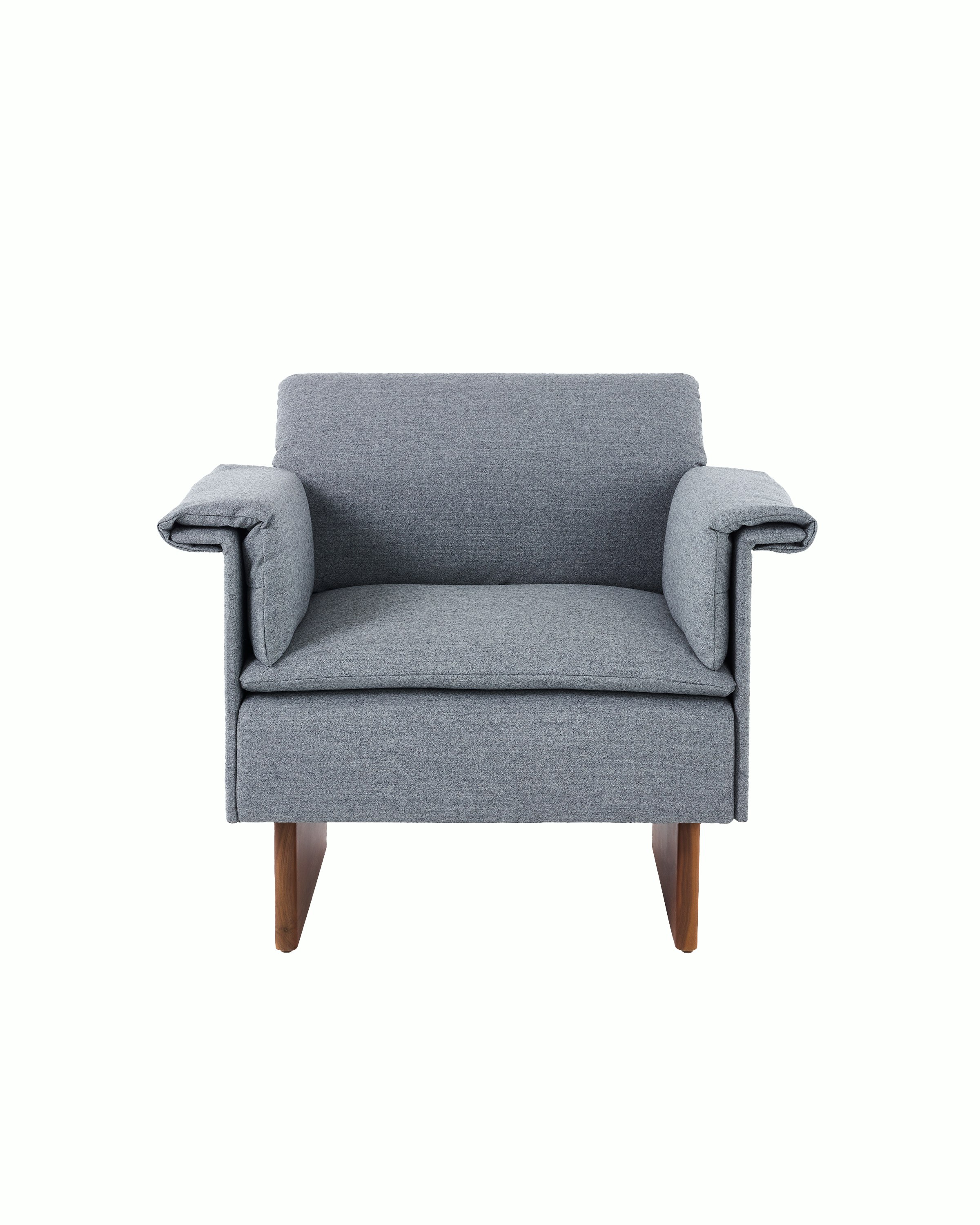 Mantle Club Chair in Panno di Dulce Flannel with a Walnut Base, viewed from the front.
