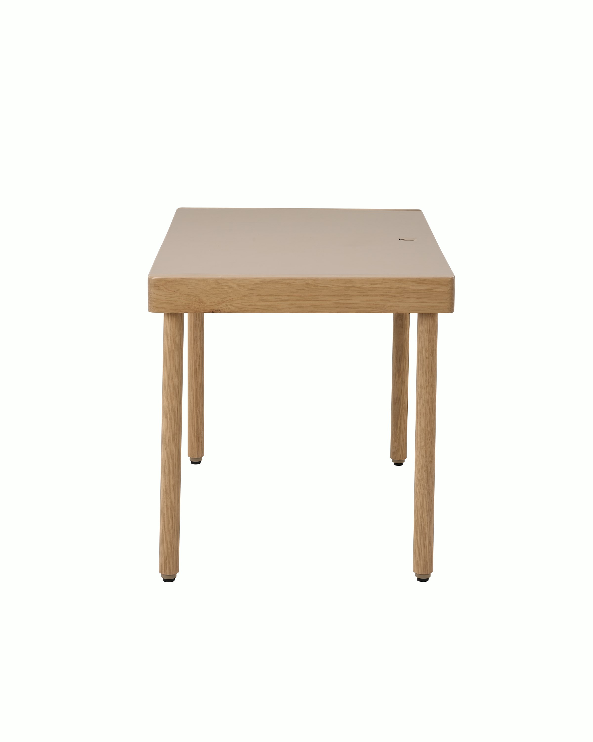 New Canaan Leatherwrap Sit-to-Stand Desk in Oak and Champagne Leather, no drawers, side view.