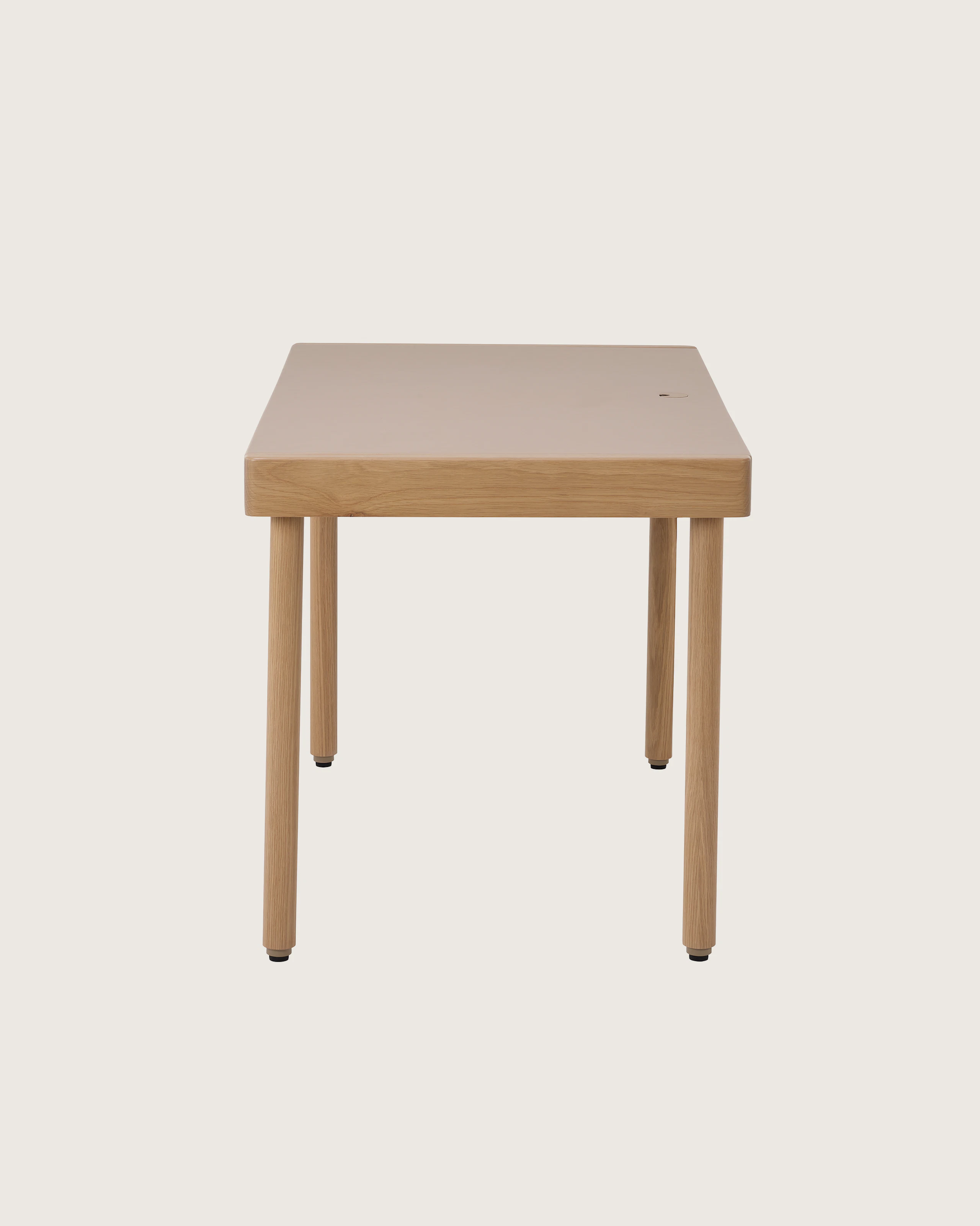 New Canaan Leatherwrap Sit-to-Stand Desk in Oak and Champagne Leather, no drawers, side view.