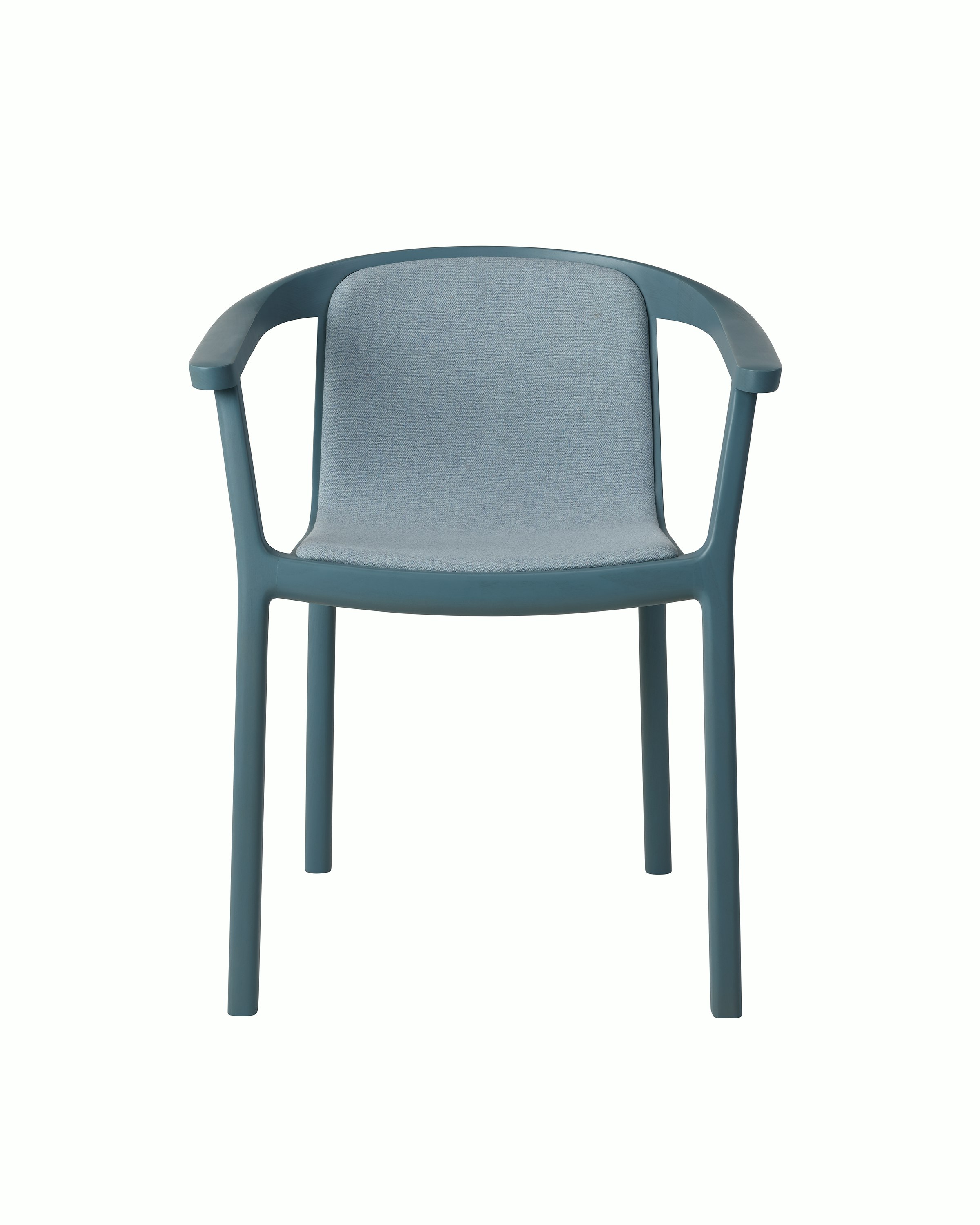 Lijn Armchair by Carole Baijings for Geiger in Nordic Blue frame upholstered with Maharam Luce in Brine, front view on a white sweep.