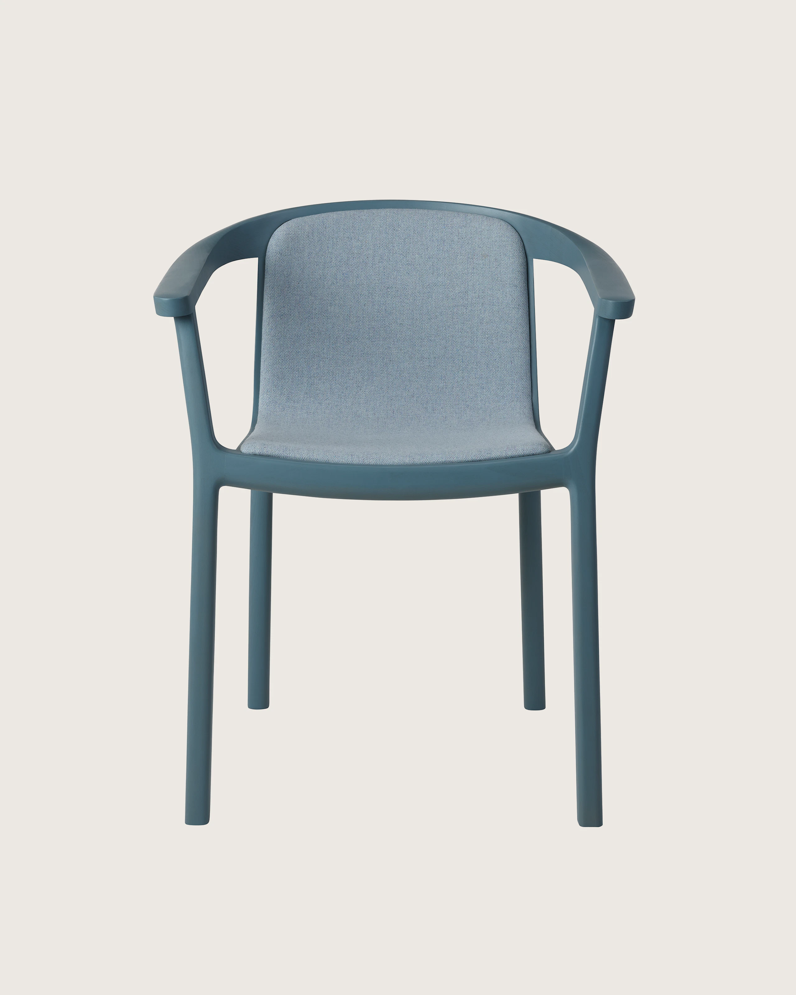 Lijn Armchair by Carole Baijings for Geiger in Nordic Blue frame upholstered with Maharam Luce in Brine, front view on a white sweep.