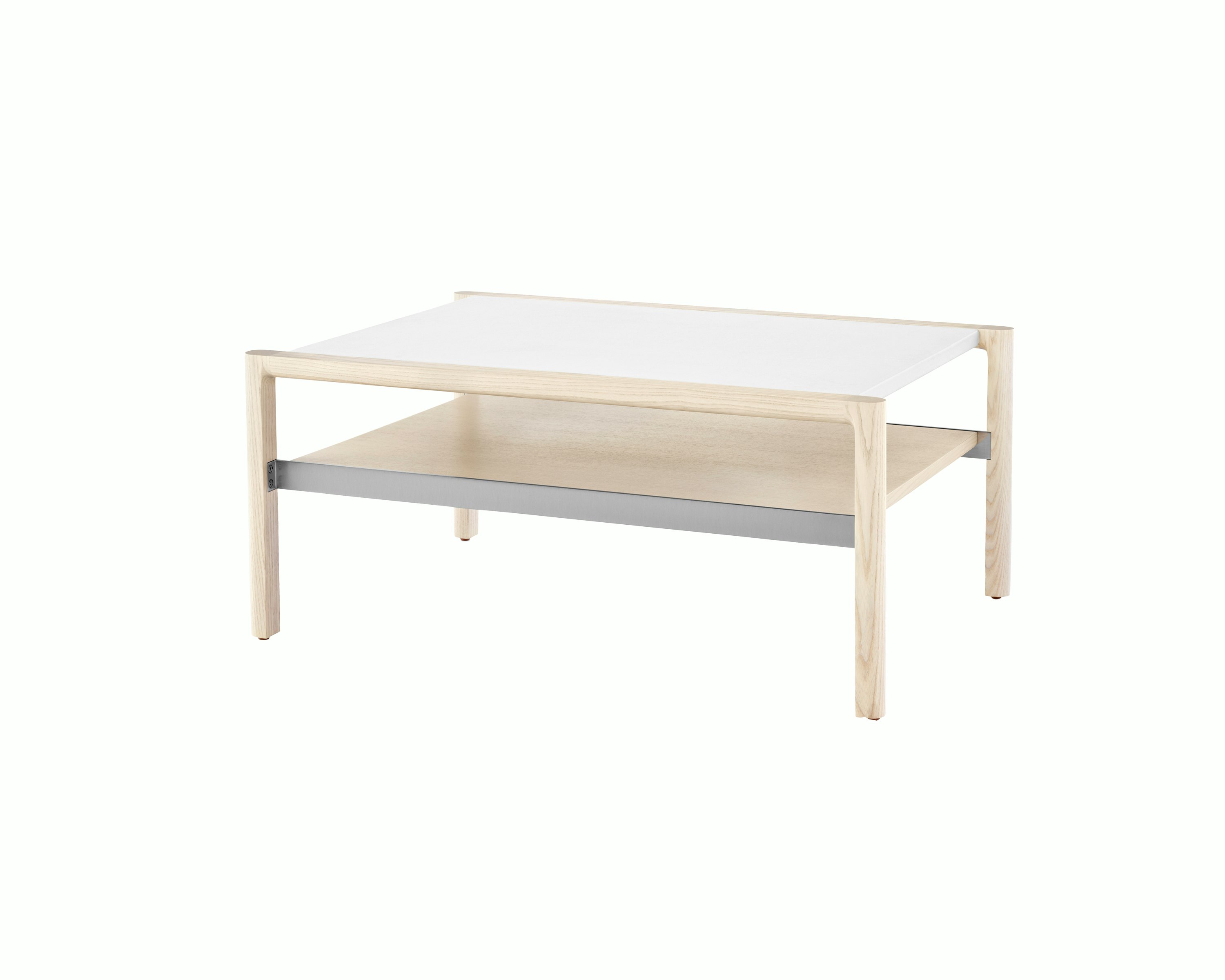 A rectangular Brabo side table with a white leather-wrapped top, ash lower shelf, and metal frame supports, viewed at an angle.