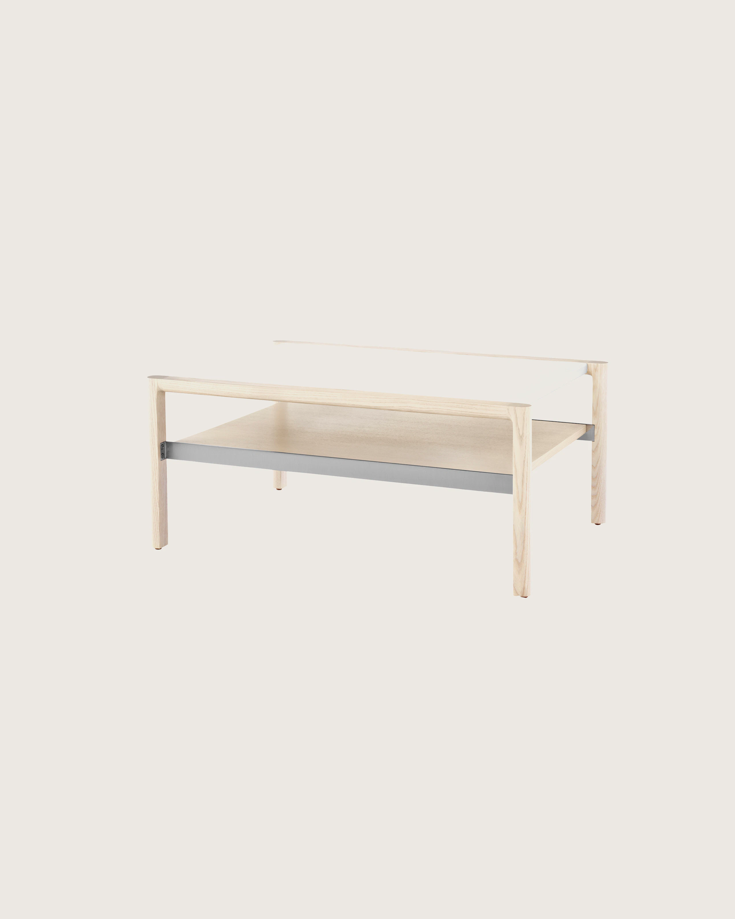 A rectangular Brabo side table with a white leather-wrapped top, ash lower shelf, and metal frame supports, viewed at an angle.