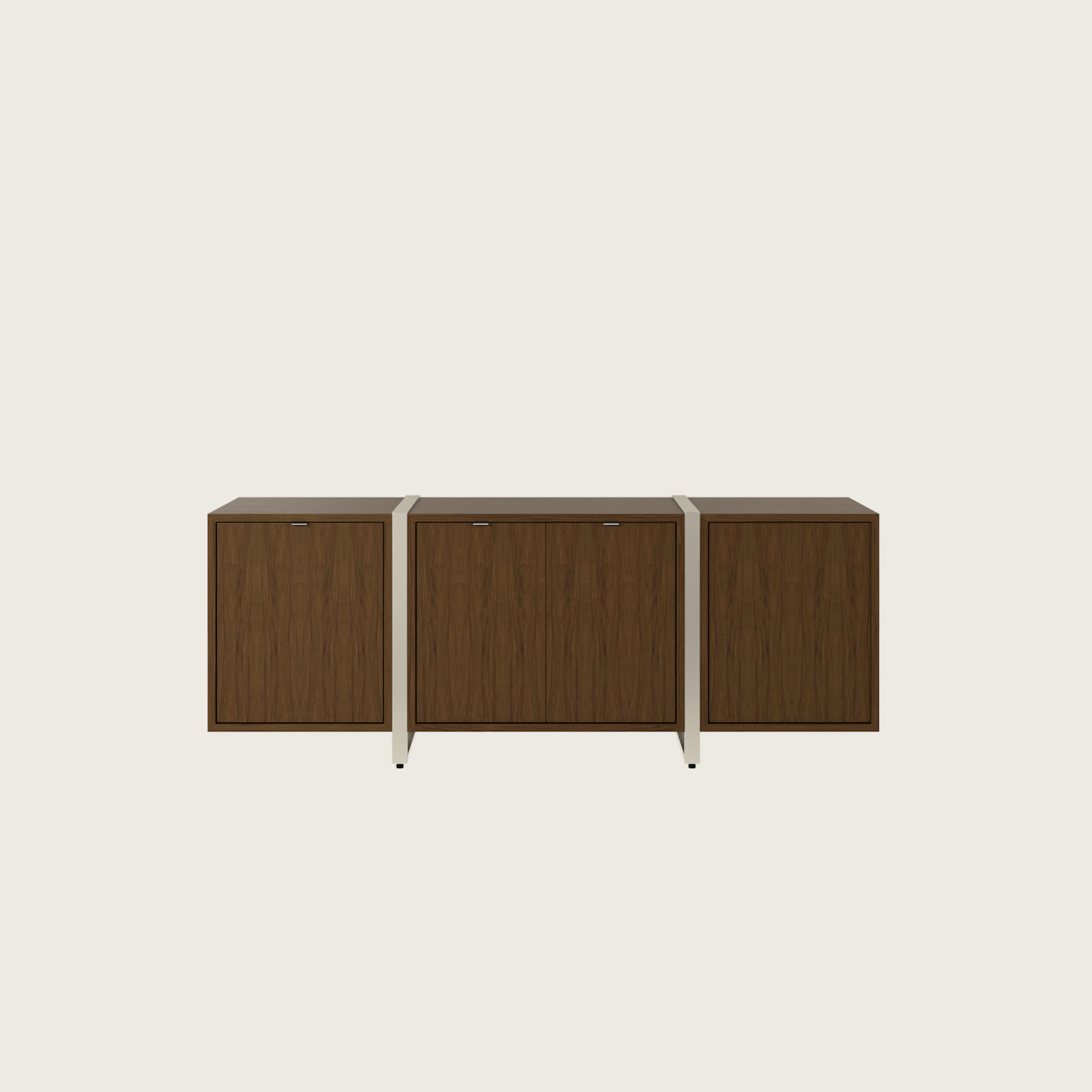Highline Credenza in Natural Flat Cut Walnut with Satin Nickel Legs viewed from the front.